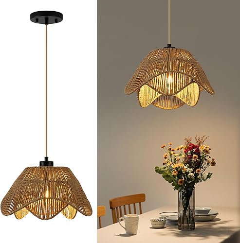 Miniatura 11 de Lámpara colgante enchufable de 19.68 pulgadas, 3 luces colgantes de ratán con cable enchufable, lámpara de techo colgante bohemia enchufable con