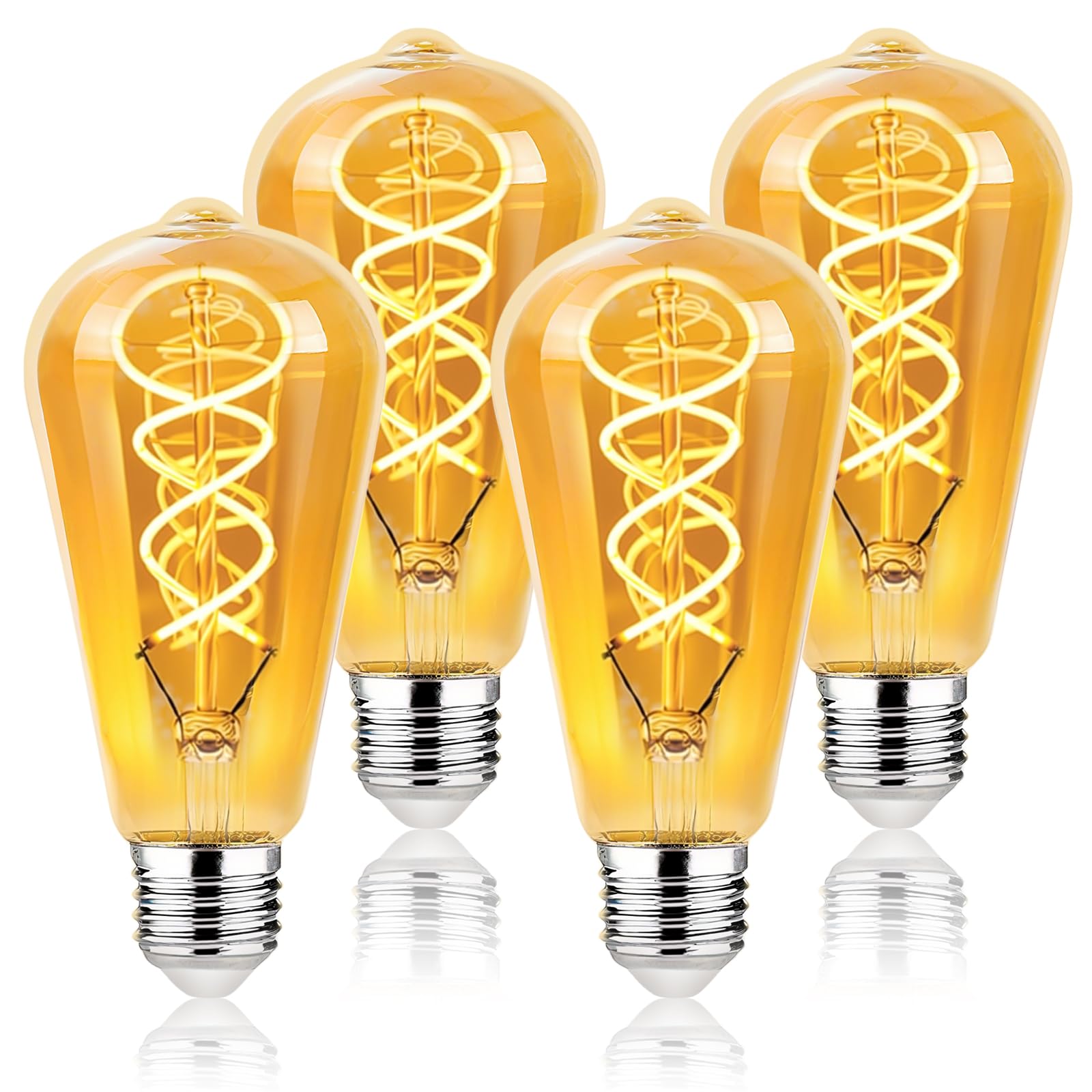 KEJIYILT E27 LED Vintage Dimmbar Edison Glühbirnen, 4 Stück Warmweiß 2200K, 4W 230Lm, Rauchglas, Gewundene LED-Filament, Ø6x14CM, Retro Industrial Dekorative Beleuchtung (ST64-Gold)