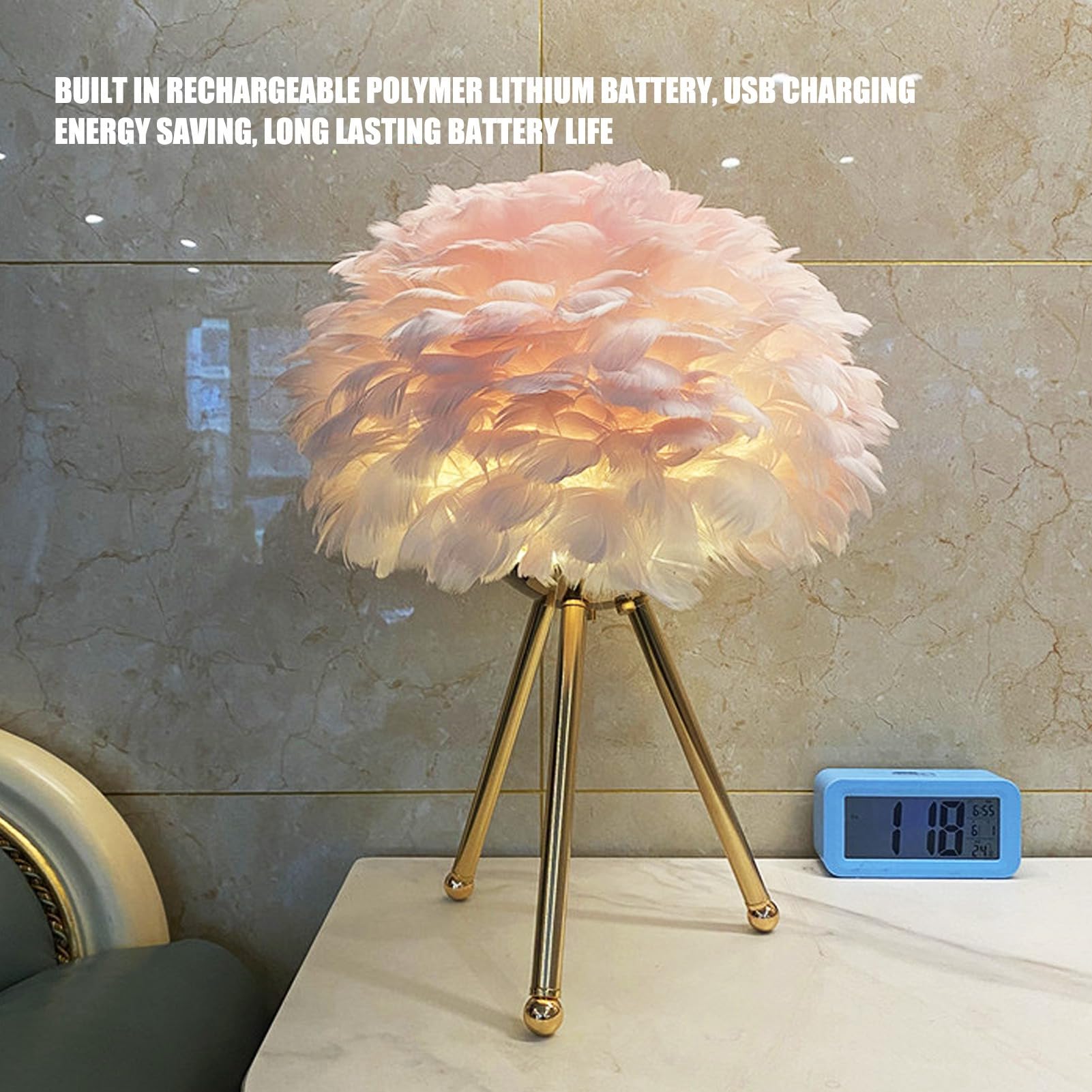 Cryfokt Feather Shade Desk Lamp Elegant Atmosphere Light for and Bedrooms