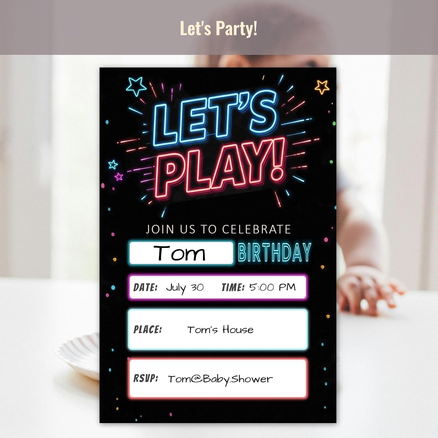 Let's Play Birthday Party Invitation Cards, Neon Starlight Design