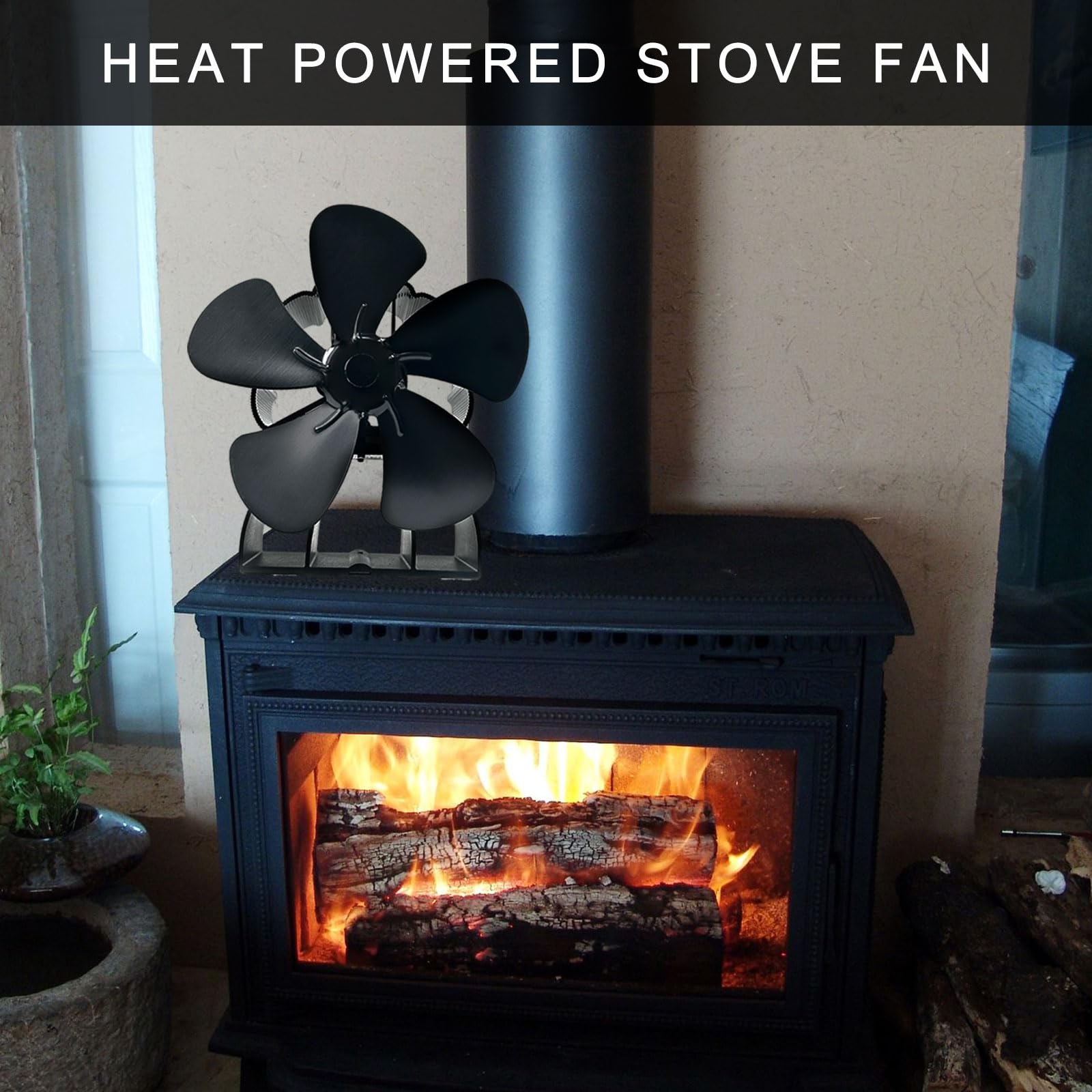 Heizlösung für den Innenbereich, wärmeaktivierter Aluminium Ventilator mit 5 Flügeln für Holzbrenner, Kamine, Öfen, verbessert die Wärmeverteilung, Heizlösung für den Winter