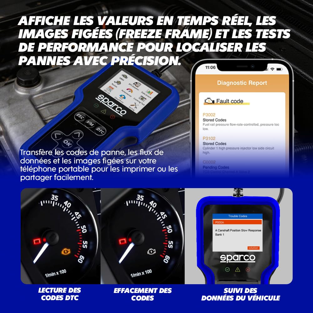 Sparco Dispositif de Diagnostic Automobile OBD2 Scanner Lecteur de Codes d'erreur Moteur et Transmission avec Test de Batterie et émissions I/M Readiness Multilingue pour véhicules à Essence
