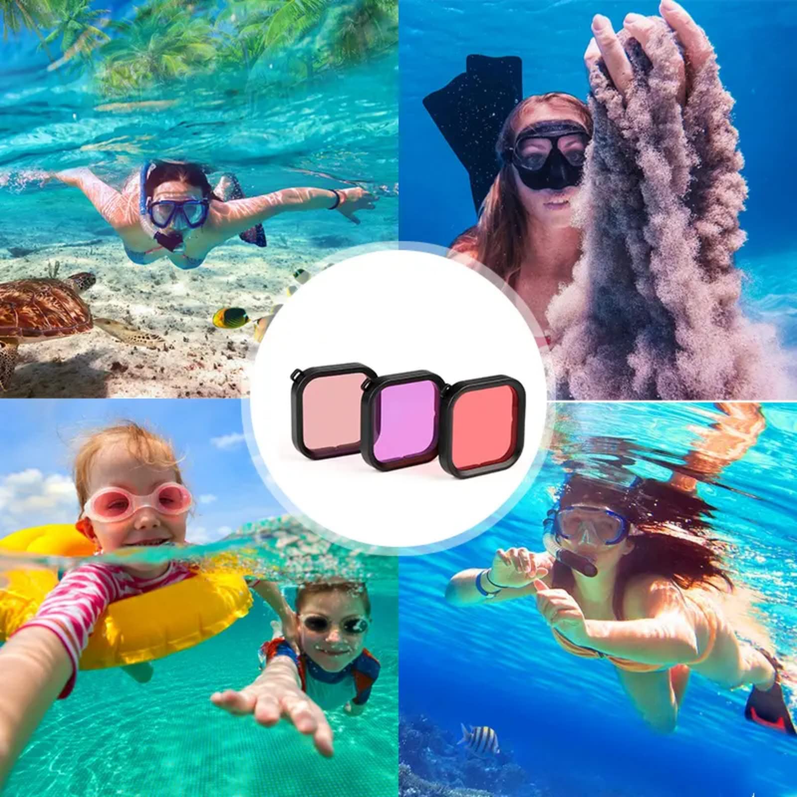 Filtre de plongée 3 en 1 pour GoPro Hero 5 6 7 Boîtier de plongée noir Super Suit - Rouge, rouge clair et magenta Boîtier de filtre Coque de protection avec inserts anti-buée pour photographie de plon