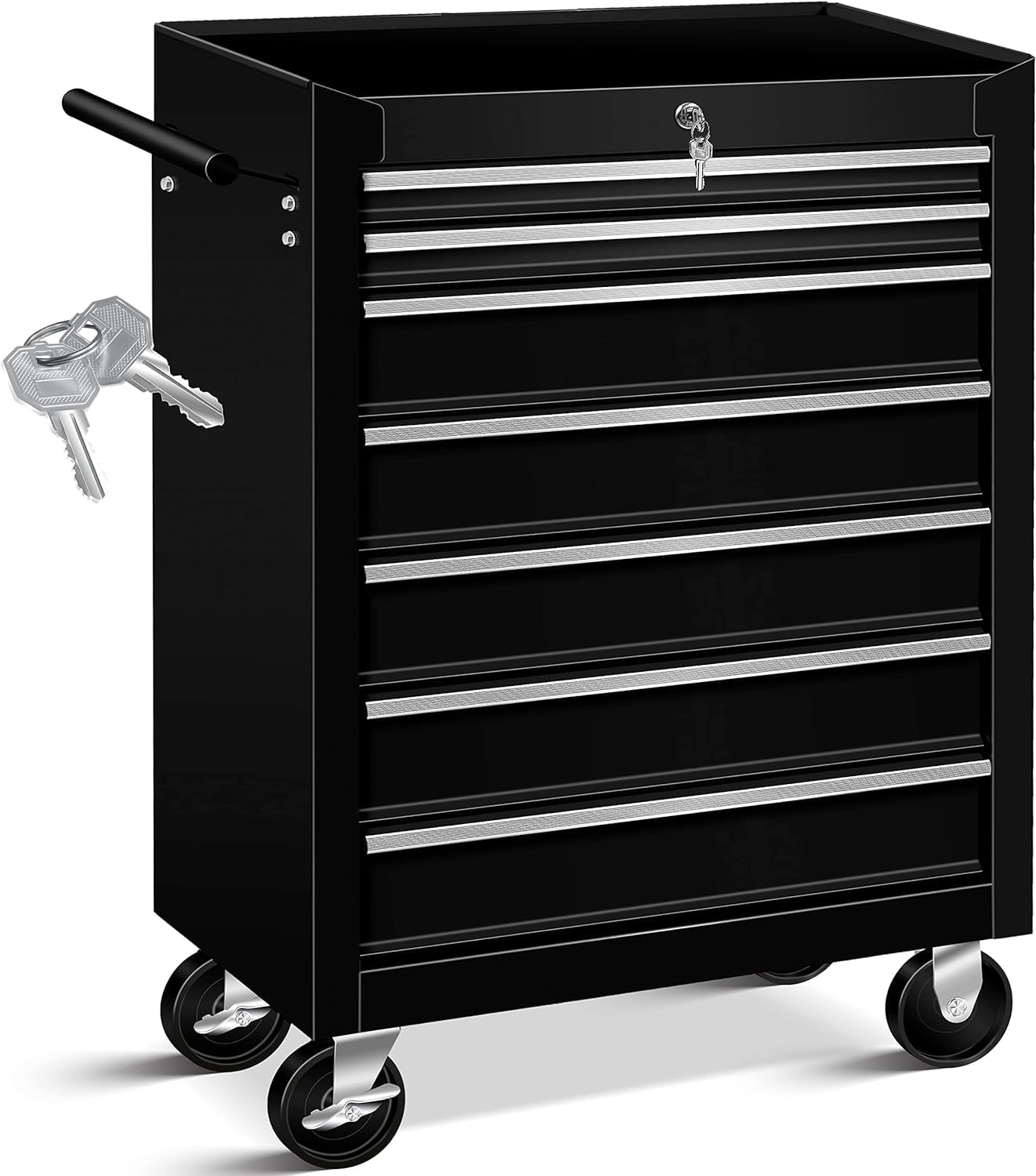 Masko® Carro de taller para herramientas, con 7 cajones, negro, metal macizo, profesional, portátil, con ruedas, bloqueable, con cerradura, no incluye herramientas