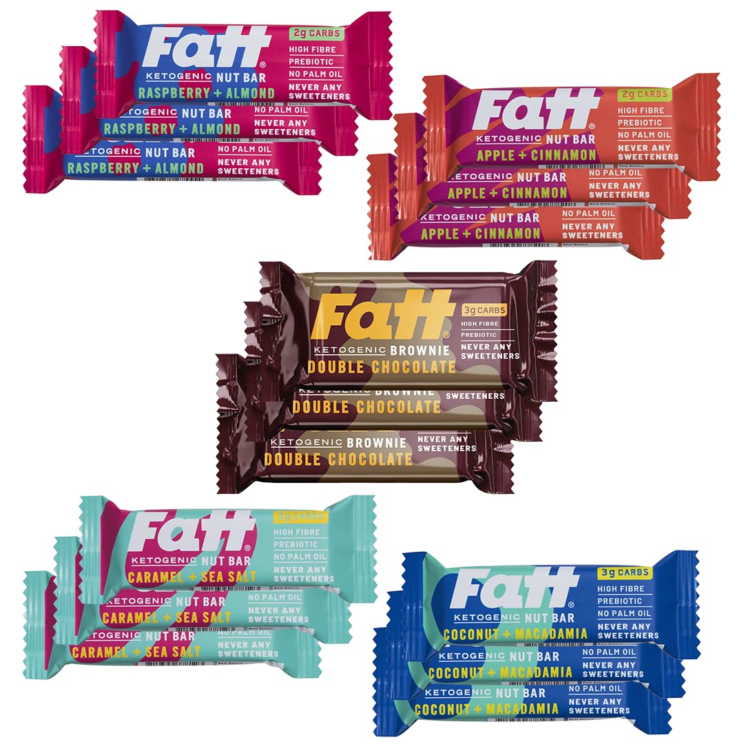 NEW SELECTION. Fatt Keto Snack Bars & Brownie - Variety Pack - 15 x Products - 5 Flavours - 2-3g Carbs - 100% Natural Snacks - Low Carb, Low Sugar, High Prebiotic Fibre, & Sweetener Free - FattBar