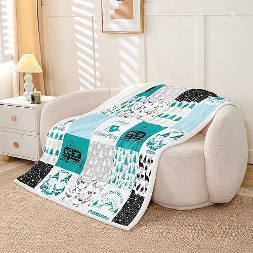 Miniatura 3 de Manfei Manta Happy Camping para cámper, remolque, remolque, manta de cama para niños y niñas, manta de retazos de cuadros verdes para sofá, manta