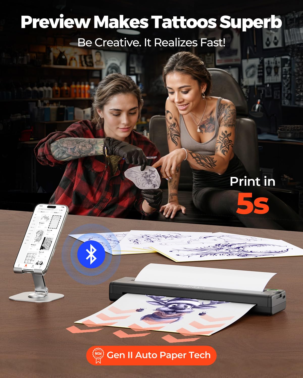 MUNBYN Thermocopieur Tatouage Bluetooth ITP05 20 Feuilles Papier Transfert Imprimante Stencil Tatouage Machine Copieur Noir