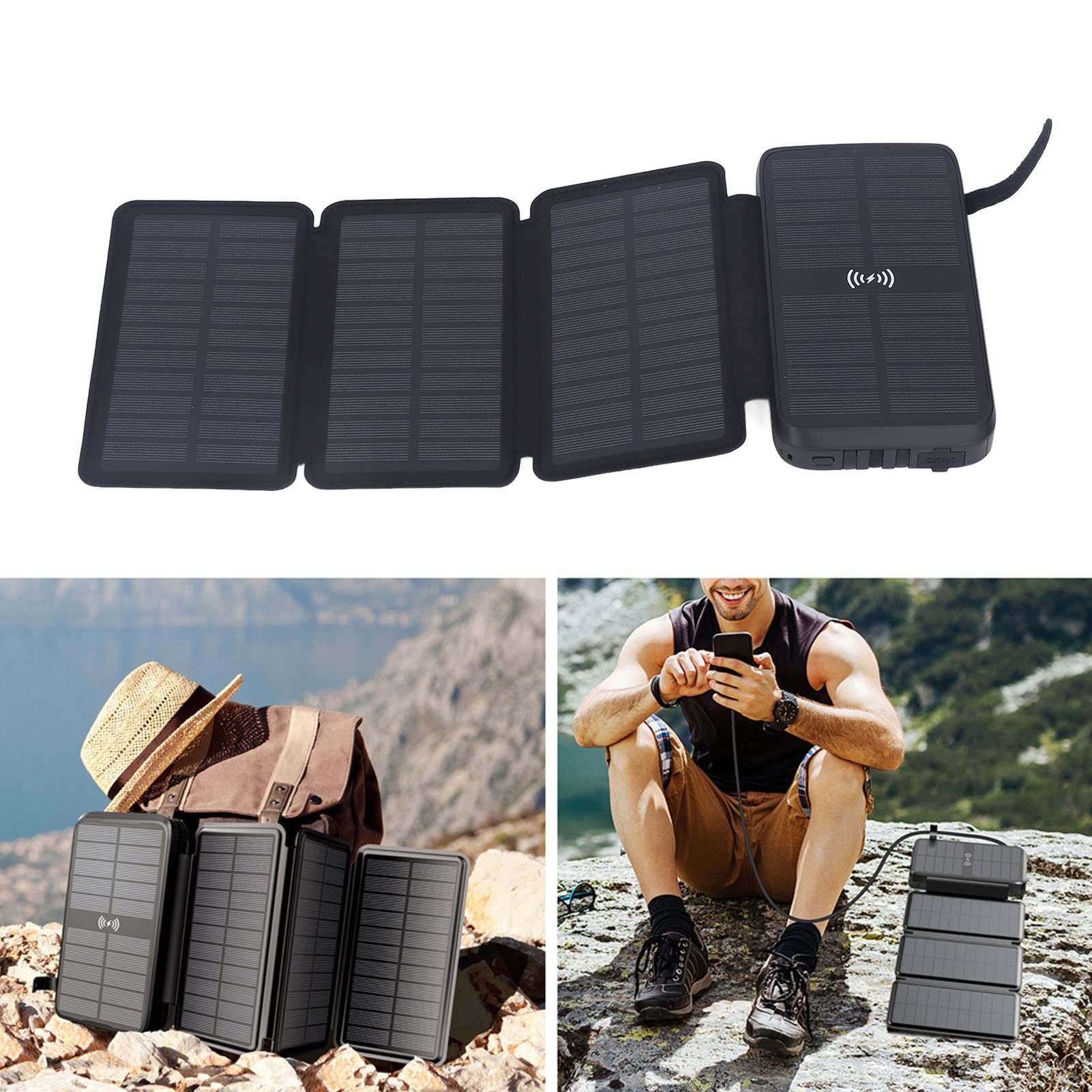 Solar Power Bank Nero Impermeabile 20000mAh PD 20W Caricatore a pannello solare a ricarica rapida con lampada per esterni