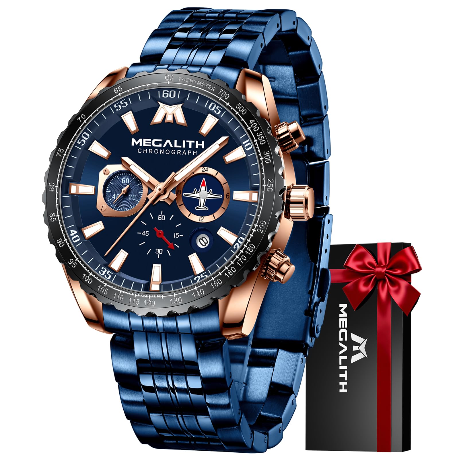 Watches Men's Stainless Steel Chronograph Watch Men's Large with Date - Waterproof Quartz Watch for Men Gift, A- Blue, Standard, Sports