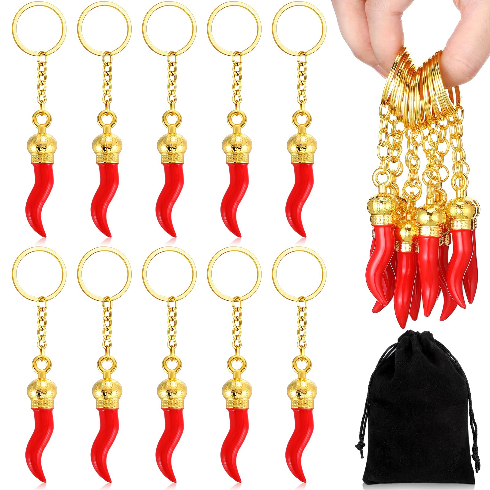Remuuly 10 Pcs Italian Horn Keychain Italian Red Horn Charm Chili Pepper Keychain Souvenir for Car Mirror Accessories(Gold)