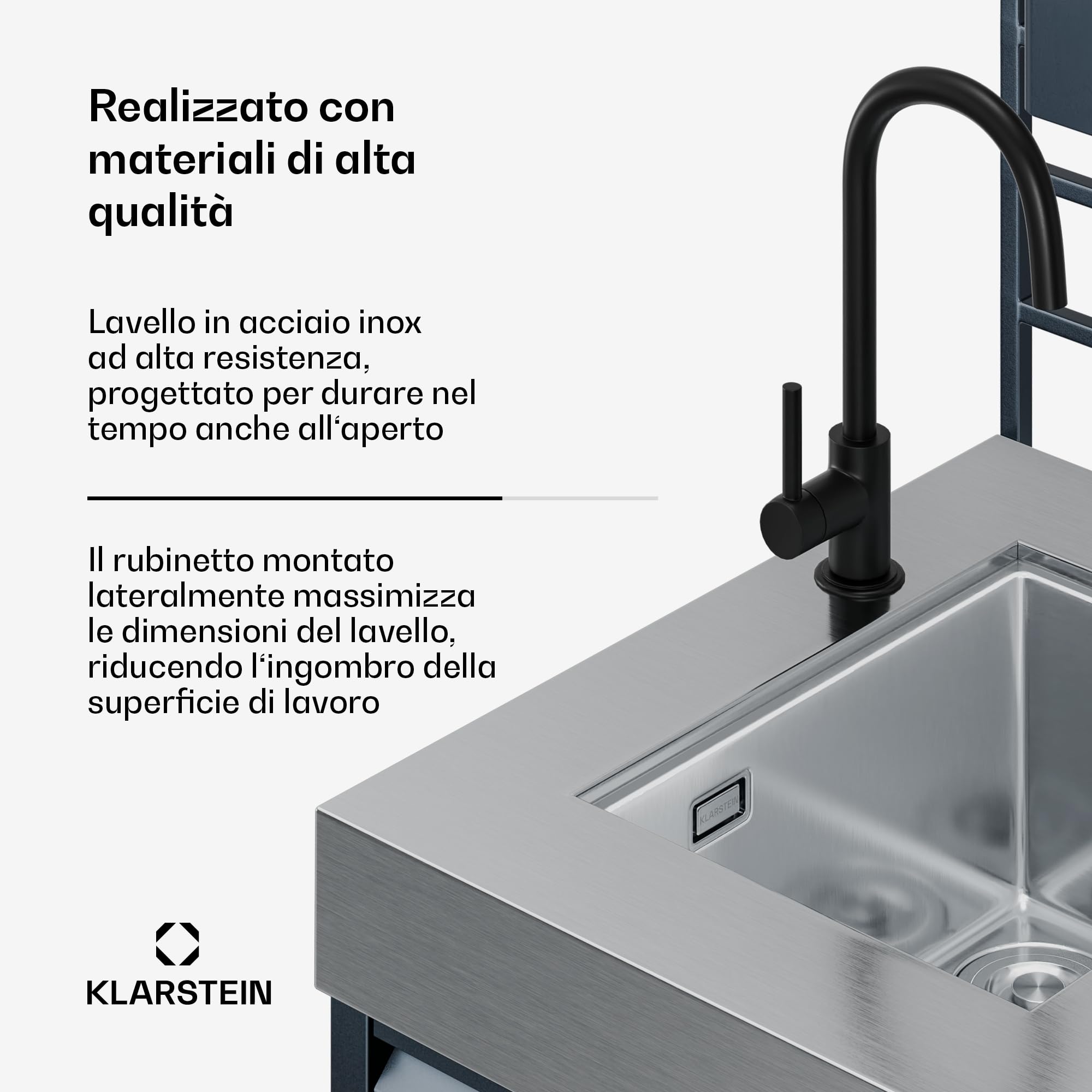Klarstein WaldChef Mobile con lavello - Mobile per cucine esterne con lavello e piano di lavoro in acciaio inox, acciaio verniciato a polvere, ripiano & cestino estraibile per rifiuti