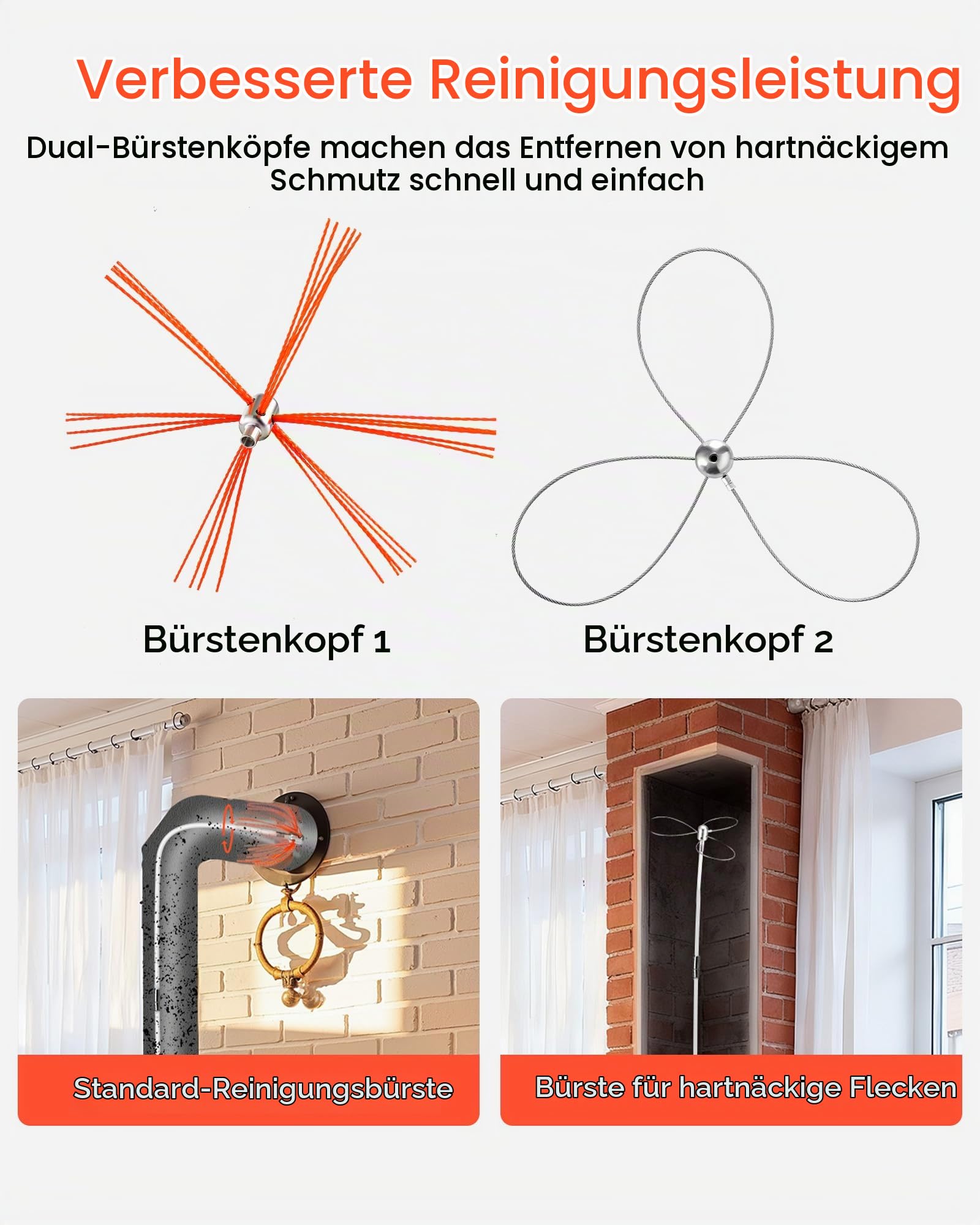 VEVOR Schornsteinbürste-Set, Kaminbürste mit max. 9 m Länge, Ofenrohrbürste mit Zwei Bürstenköpfen, Schornsteinfeger, Kaminreinigungswerkzeug für quadratische & rechteckige Schornsteine