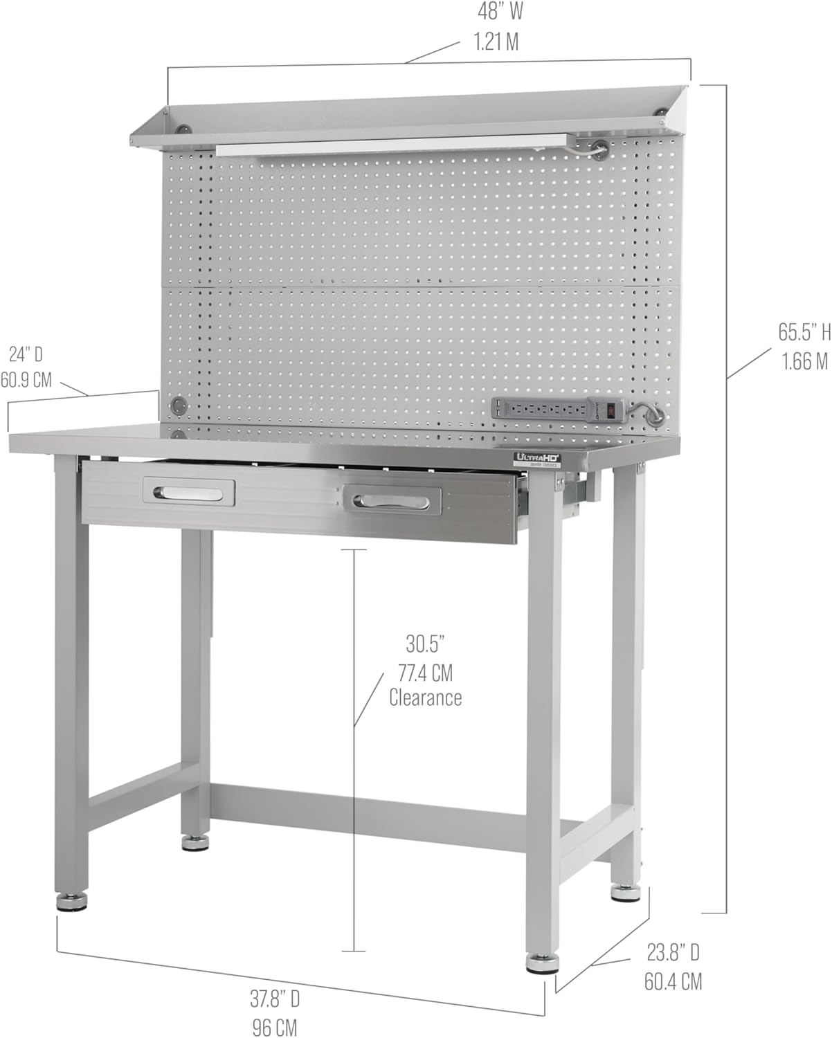 Seville Classics UltraHD Heavy Duty Commercial Lighted Workcenter w/Pegboard, 500 lbs. Weight Capacity for Garage, Warehouse, Workshop, Stainless Steel Top, Granite, 48" W x 24" D x 65.5" H