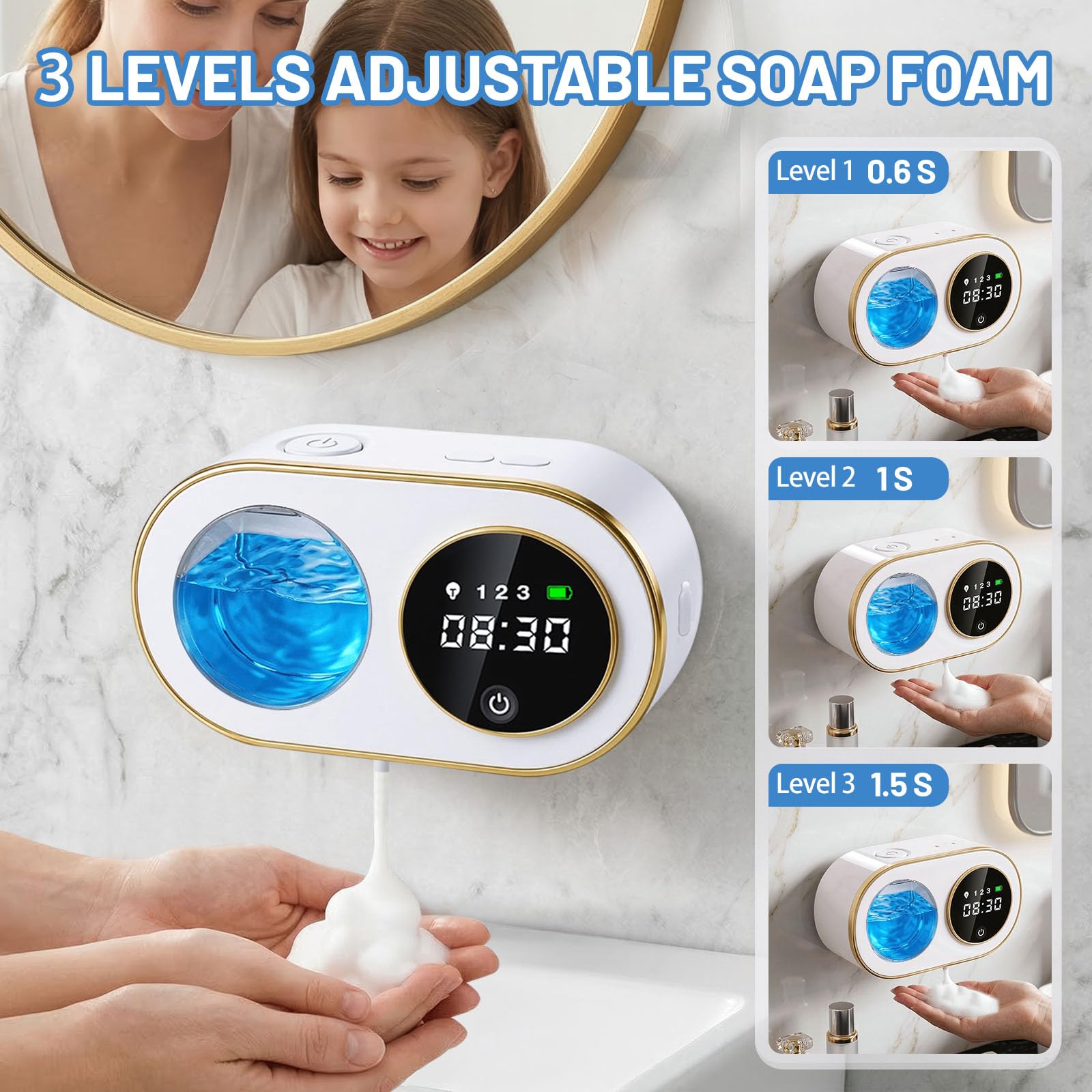 Distributeur de savon automatique, 320 ml, sans contact, 3 niveaux de savon réglables, distributeur de savon électrique rechargeable à fixation murale pour salle de bain, cuisine, bureau (blanc - T1)