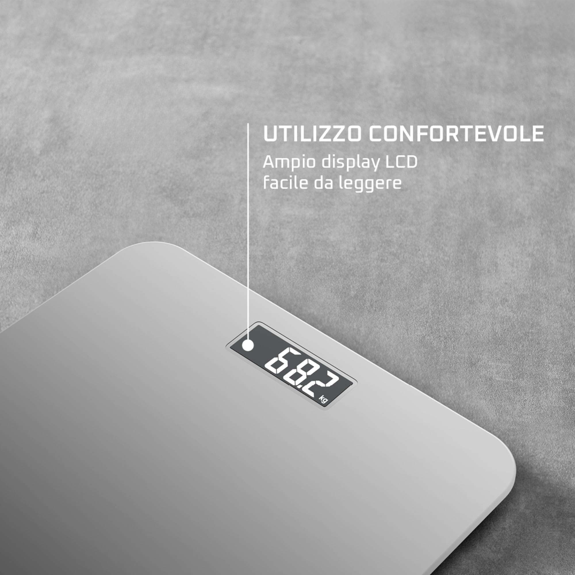 Rowenta Premiss 2.0, Bilancia da Bagno con Display LCD Facile da Leggere, Capacità 160Kg, Design Moderno e Funzioni Intelligenti, Auto Accensione e Spegnimento Automatico, Colore Argento, BS1801V0