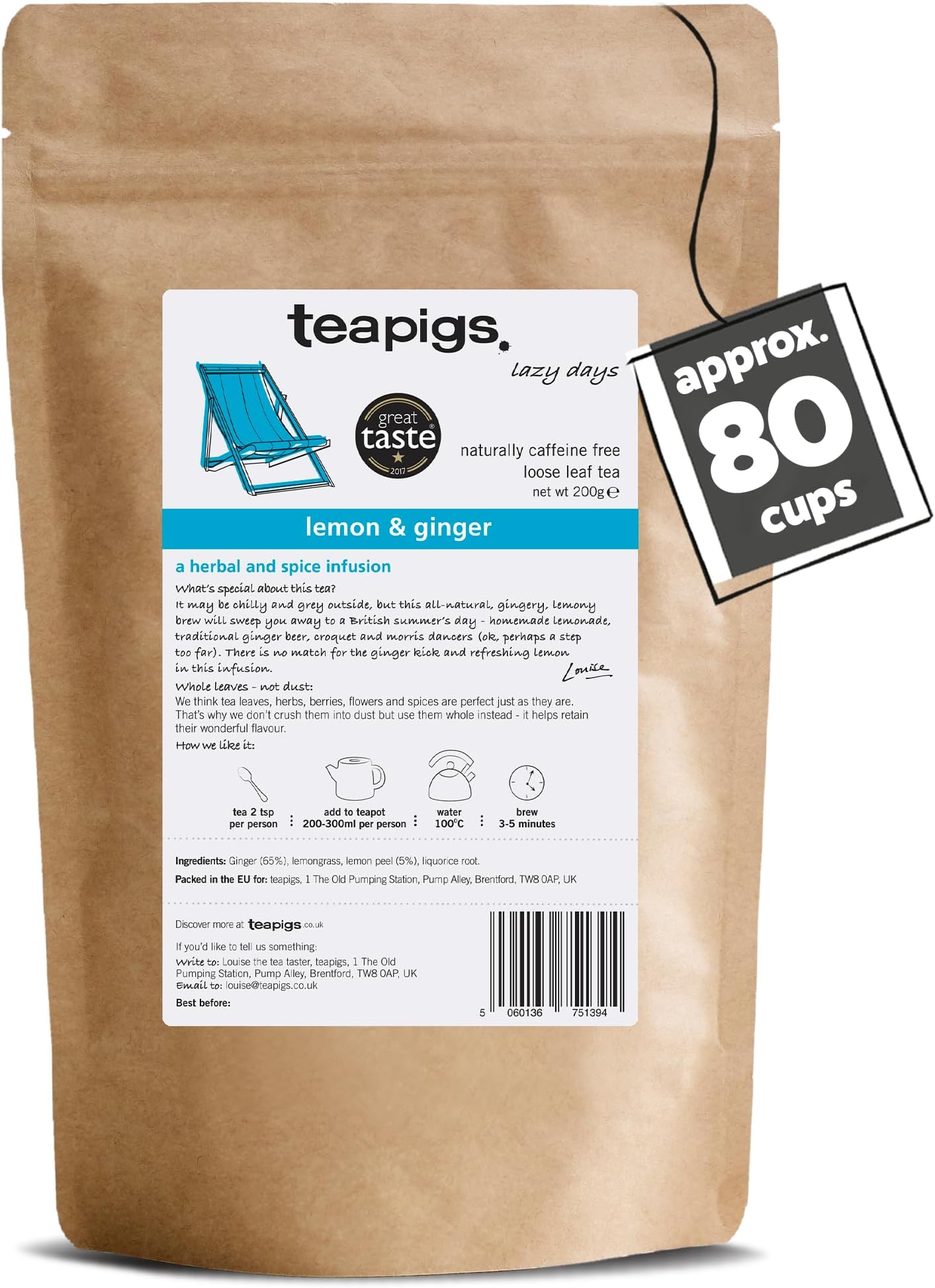 Lemon & Ginger Loose Leaf Tea - Whole Leaf Herbal Tea with Fiery Ginger & Zesty Lemongrass - Naturally Caffeine-Free & Refreshing - Great Taste Award Winner - 200g (1 Pack)