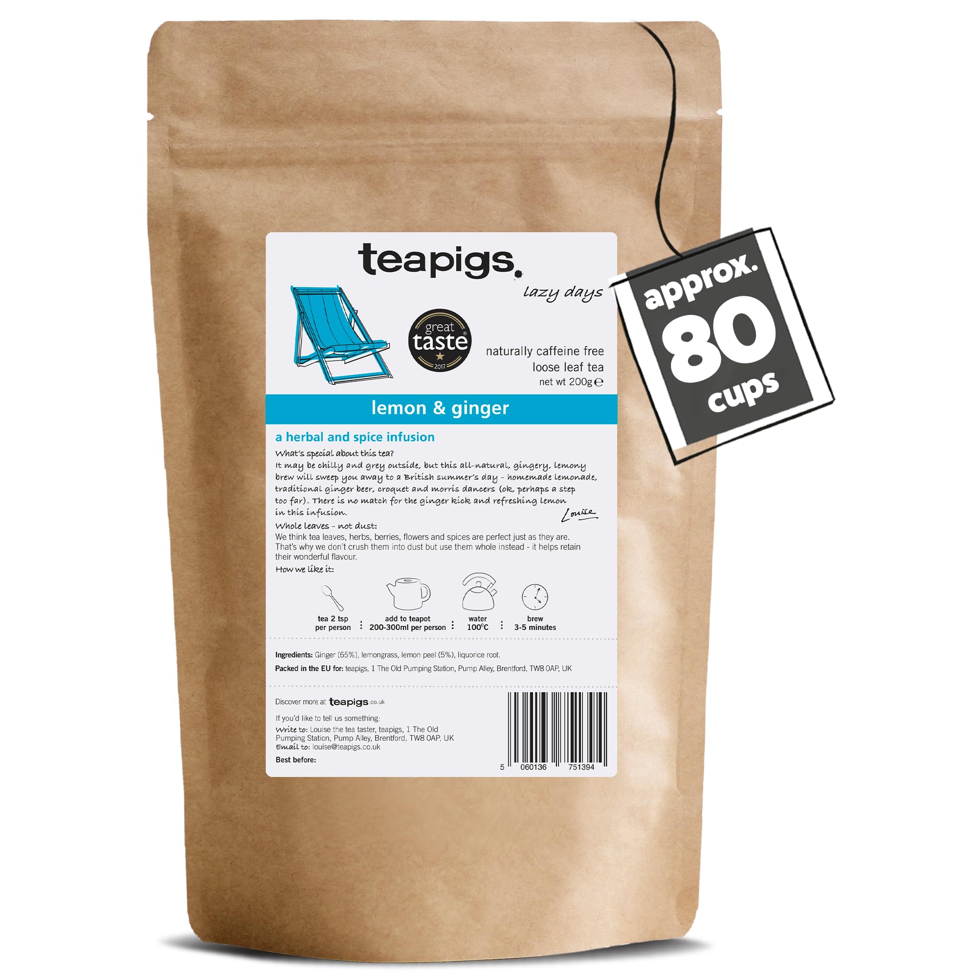 Lemon & Ginger Loose Leaf Tea - Whole Leaf Herbal Tea with Fiery Ginger & Zesty Lemongrass - Naturally Caffeine-Free & Refreshing - Great Taste Award Winner - 200g (1 Pack)