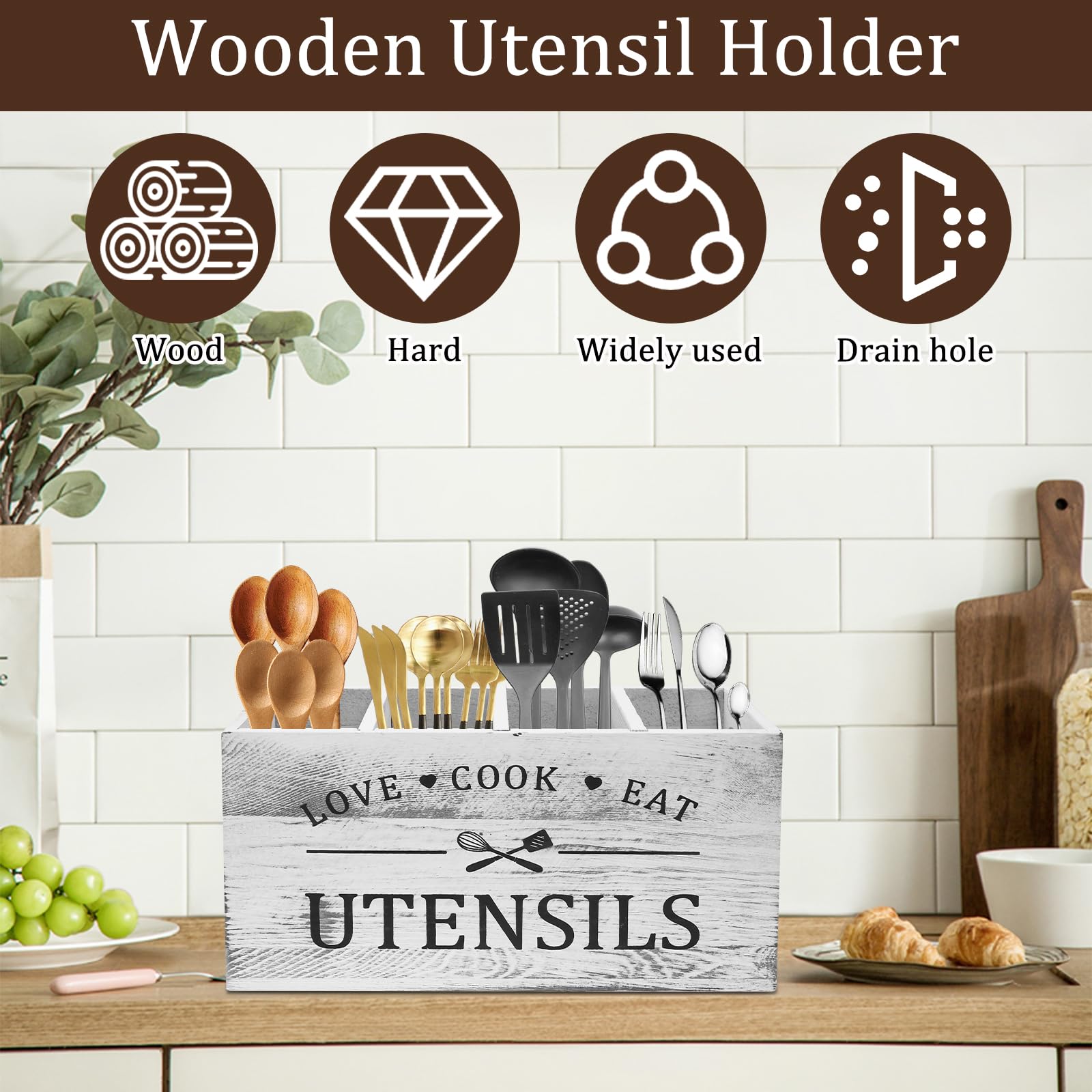 Lnopever Organizer Da Cucina,3 Scomparti Per Utensili Da Cucina In Legno,Portautensili Da Cucina In Legno,Organizer Per Utensili Da Lavoro, in legno rustico (Marrone