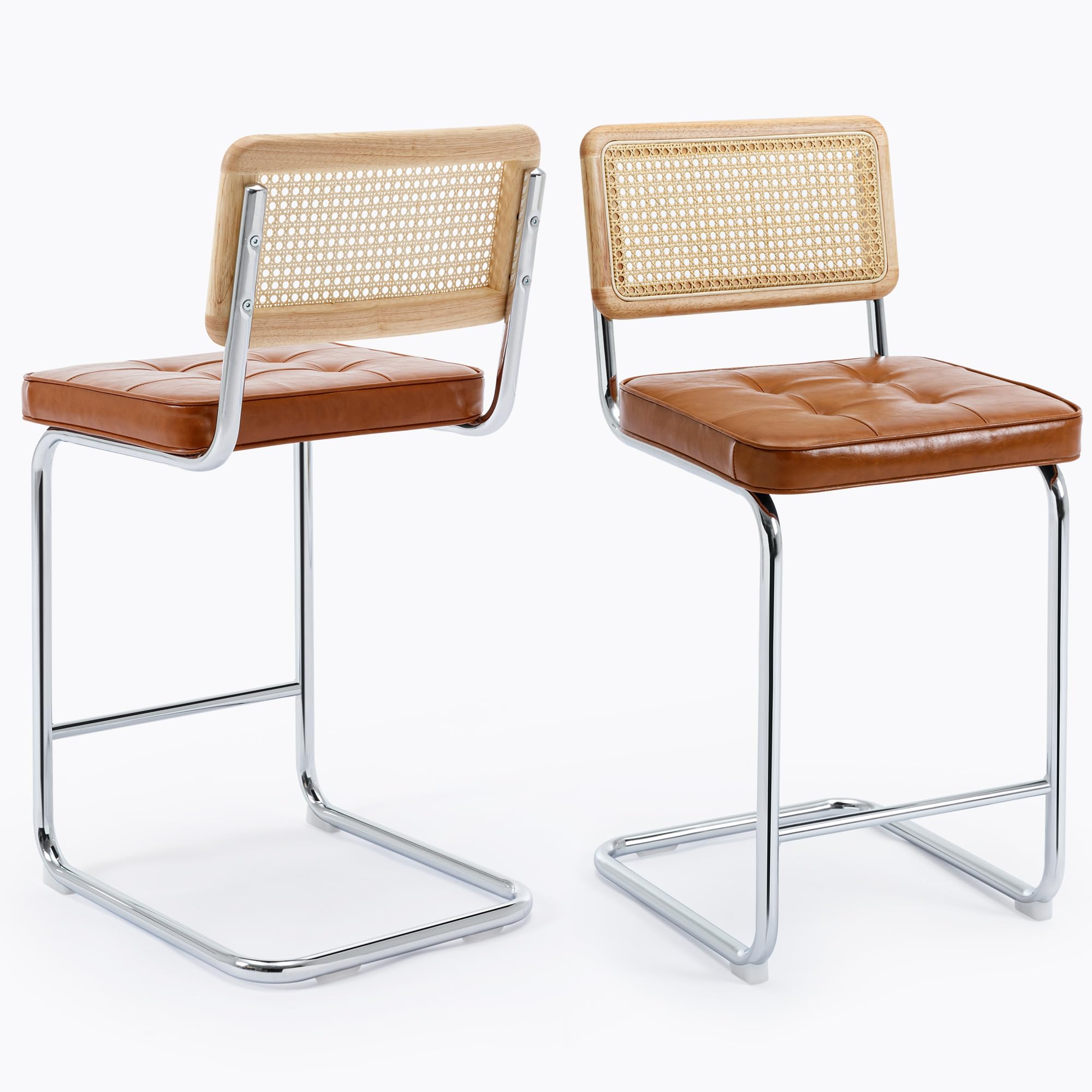 ONEVOG 26'' Counter Stools for Kitchen Counter with Natural Cane Woven Back, Modern Bar Chairs Rattan Bar Stools Set of 2, Wood Frame and Chrome Legs,