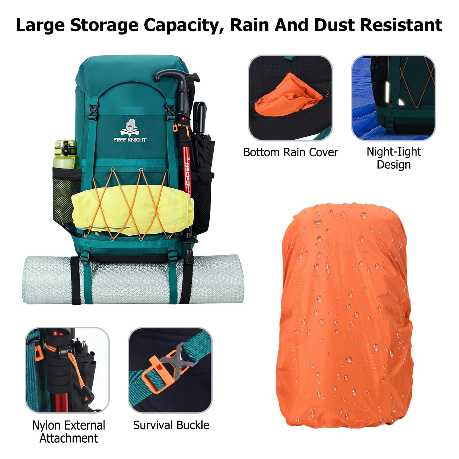 Sac à Dos de Randonnée Outdoor 40L Daypack Camping Imperméable Grand Sac à Dos en Tissu Oxford Backpack pour Femmes Hommes Voyage Trekking Escalade Bleu Clair