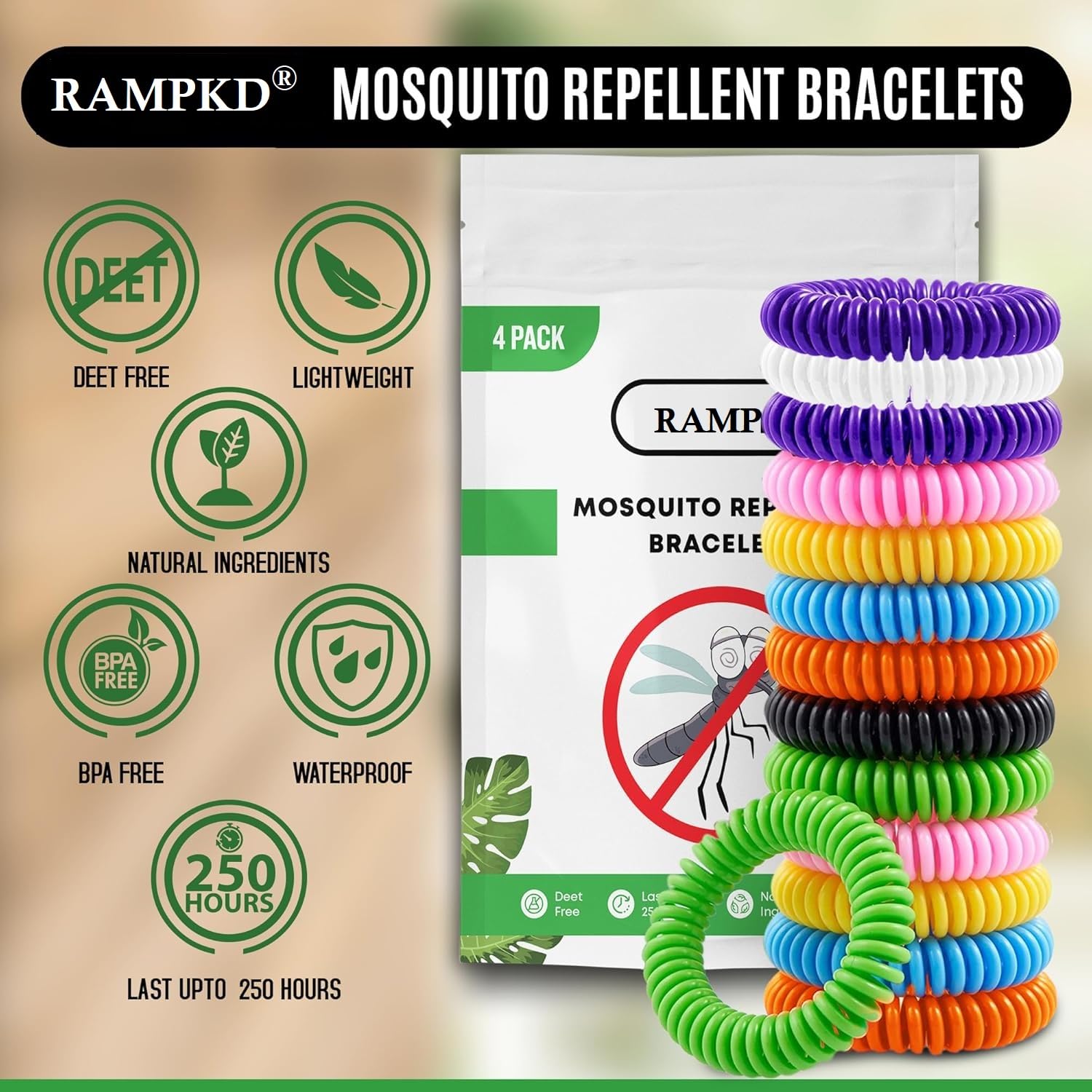 RAMPKD® Mosquito Repellent Bracelets Bands for Adults and Kids, All-Natural Deet-Free, Non-Toxic Protection, Stretchy Waterproof Anti-Mosquito Wristbands for Hiking and Camping (PACK OF-4) 3