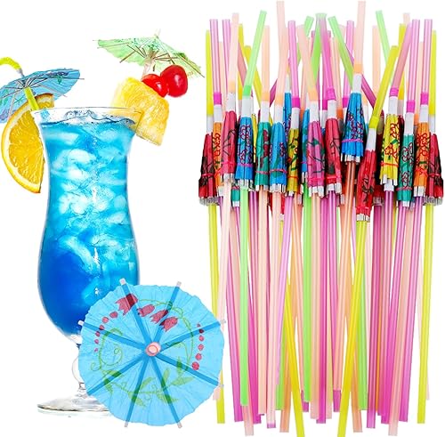 100 popotes de cóctel para bebidas, pajitas flexibles de colores de 9.5 pulgadas para bebidas, divertidos mini paraguas de papel para decoraciones