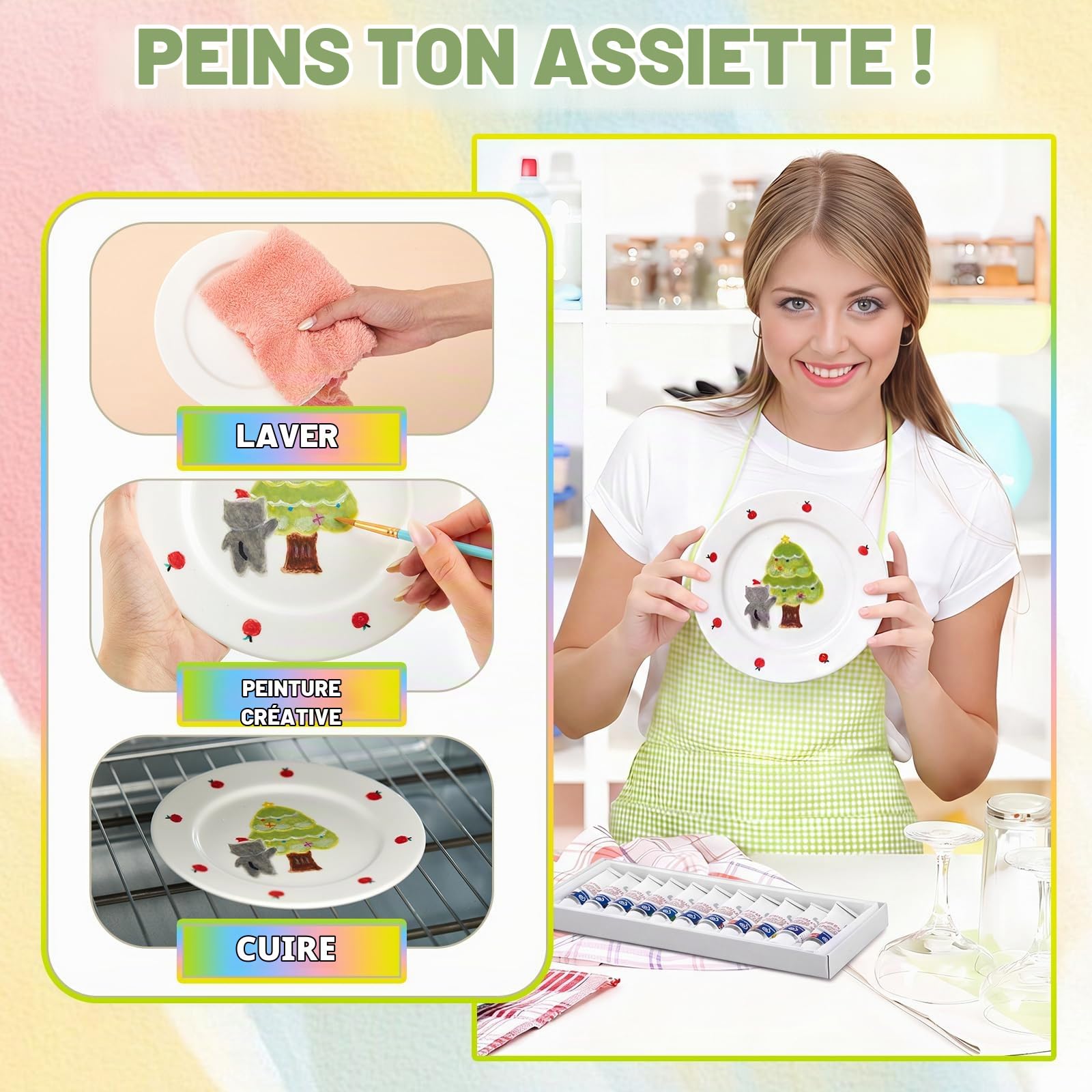 Sinmoe Kit de Peinture d'Assiettes en Céramique Comprend 4 Assiettes en Porcelaine 3 Pinceaux 12 Peintures Acryliques 1 Coffret Cadeau 1 Palette à Peindre DIY(7 Pouces,Luxe Moderne,4 Pièces)