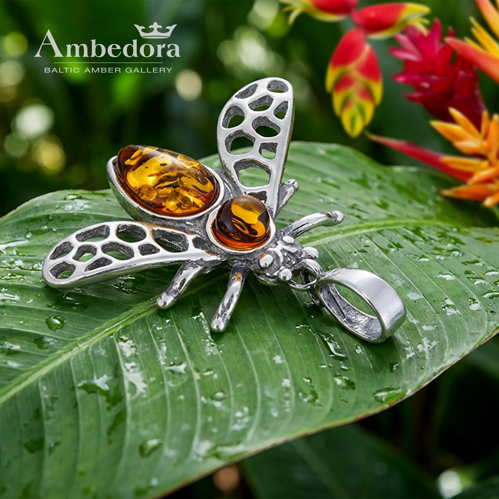 Collar de mujer Bee 2 con ámbar, plata de ley oxidada, ámbar báltico en color coñac, colgante de plata con cadena, Plata esterlina, Ámbar