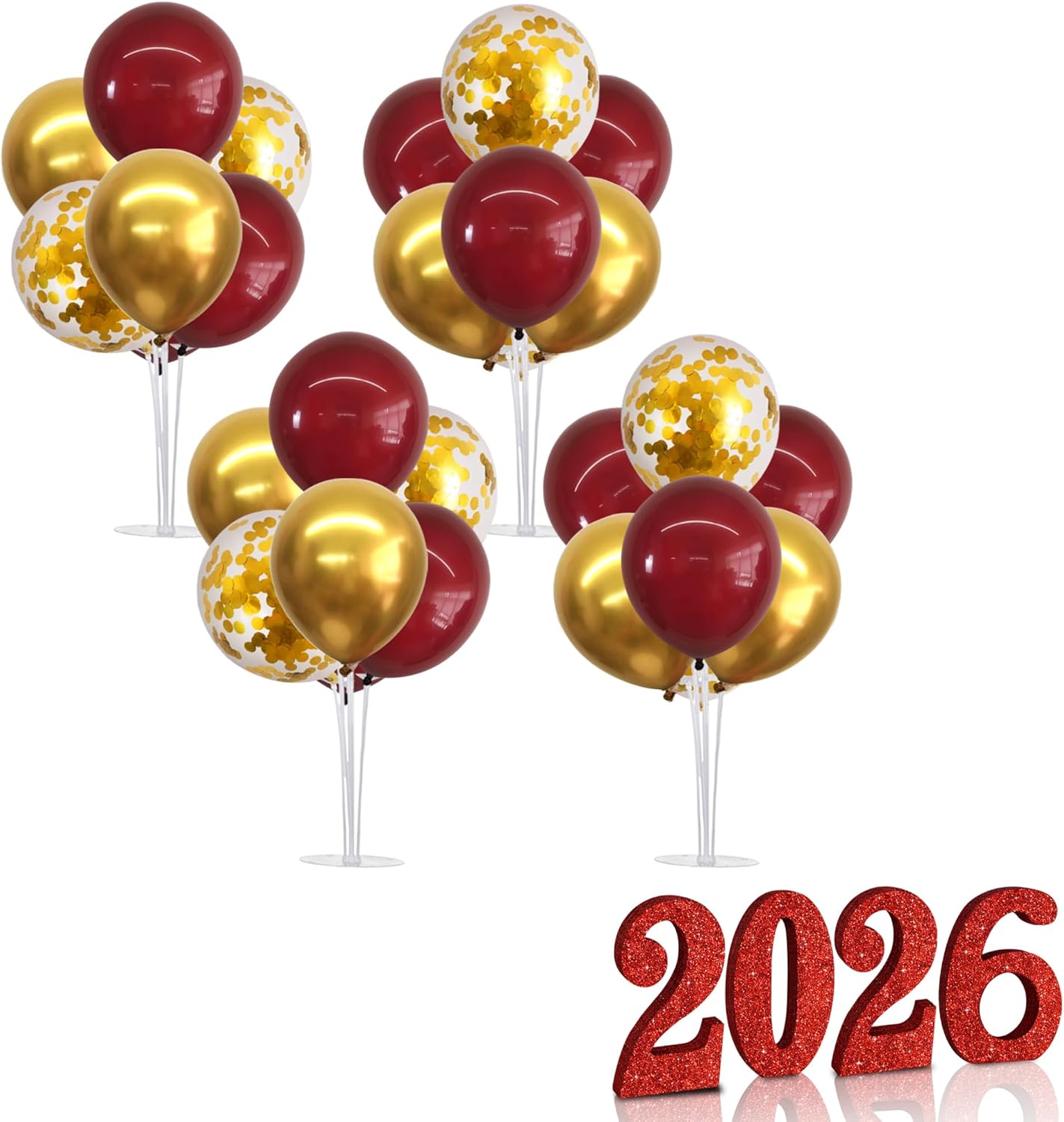 4 Set Wine Red Gold Balloon Stand and 4 Inch Glitter Gold 2026 Sign for New Year Party Supplies 2026 Graduation decorations