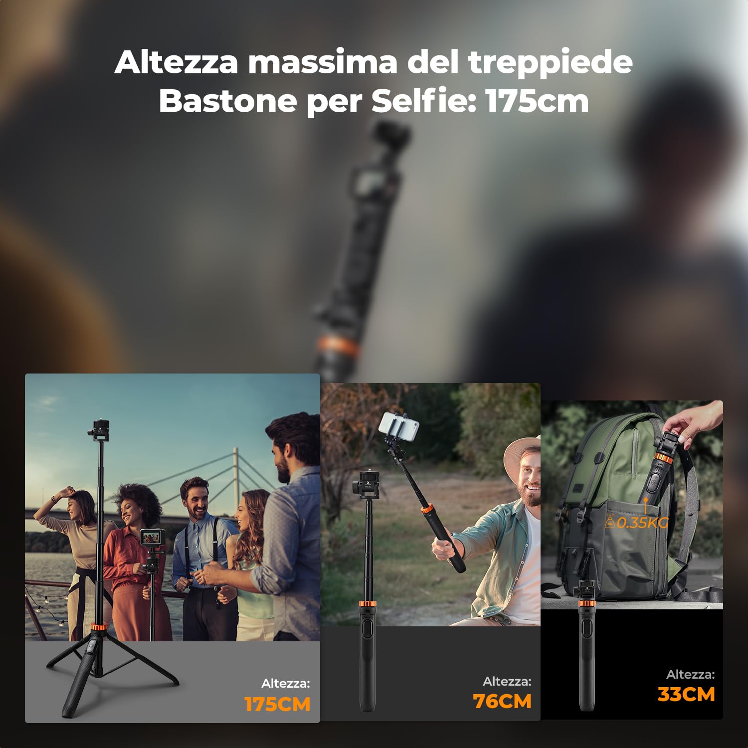 K&F CONCEPT Bastone Selfie 175cm, Treppiede per Smartphone con Telecomando e Vite da 1/4", 2-in-1 Tripod per Action Camera/DSLR, Compatibile con iphone 17, DJI Osmo Pocket 3/4, Insta360 X5, Gopro