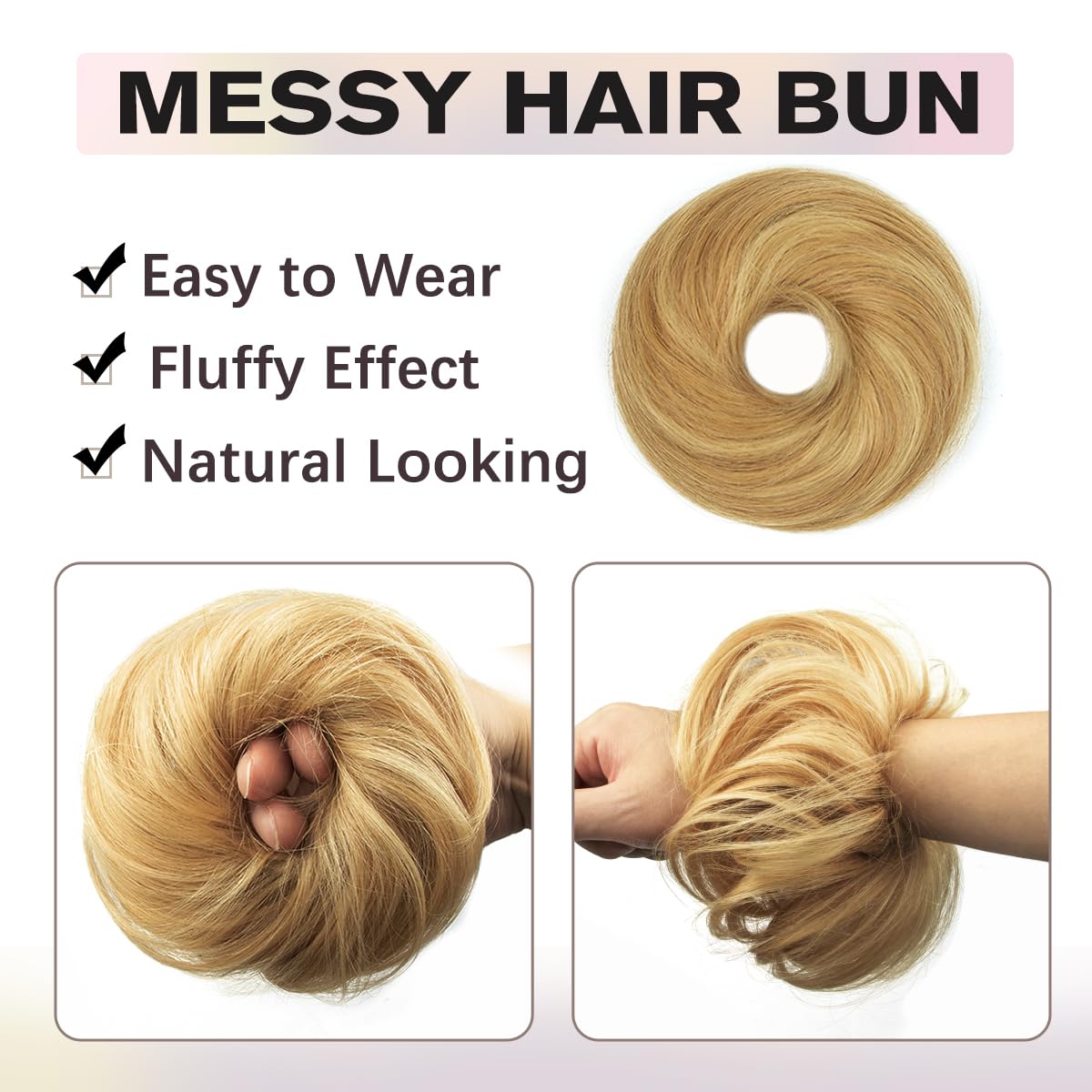 Hair Bun for Women Ponytail Extensions Human Hair, Honey Golden Highlights Ponytail Hair Accessories Elastic Easy Scrunchie for Women - Image 4