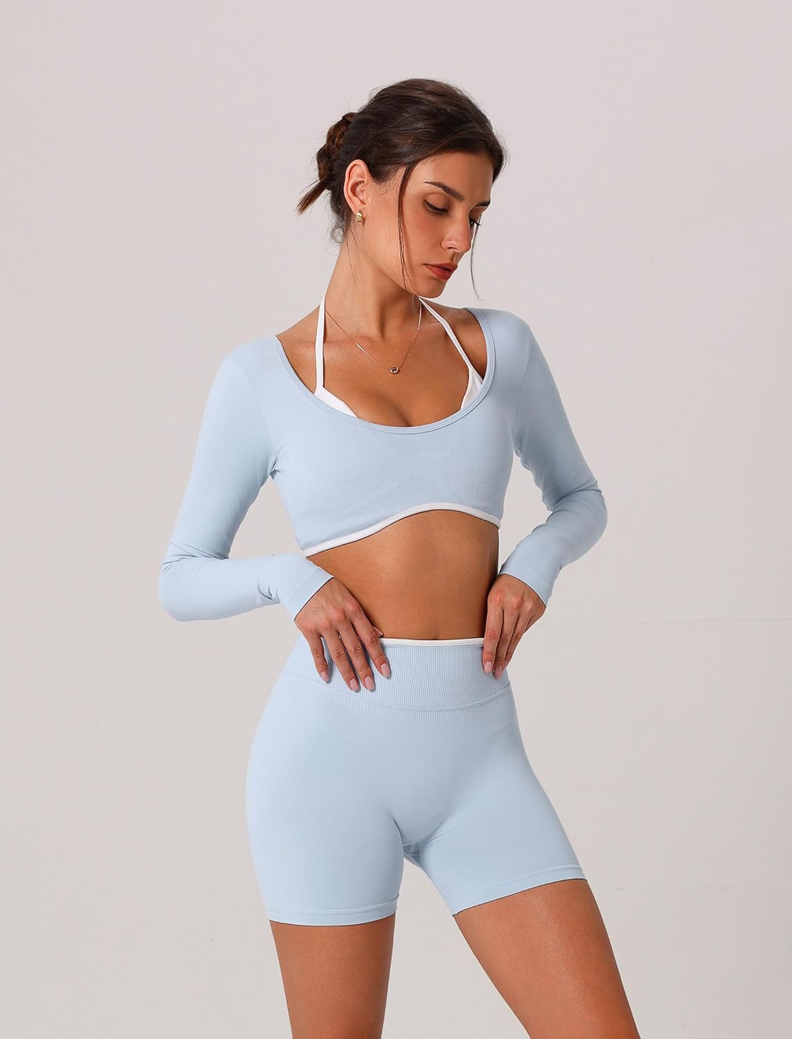 ABOCIW Workout Sets for Women 2 Piece Seamless Color Block Long Sleeve Crop Top Scrunch Butt High Waist Shorts Gym Set - Image 4