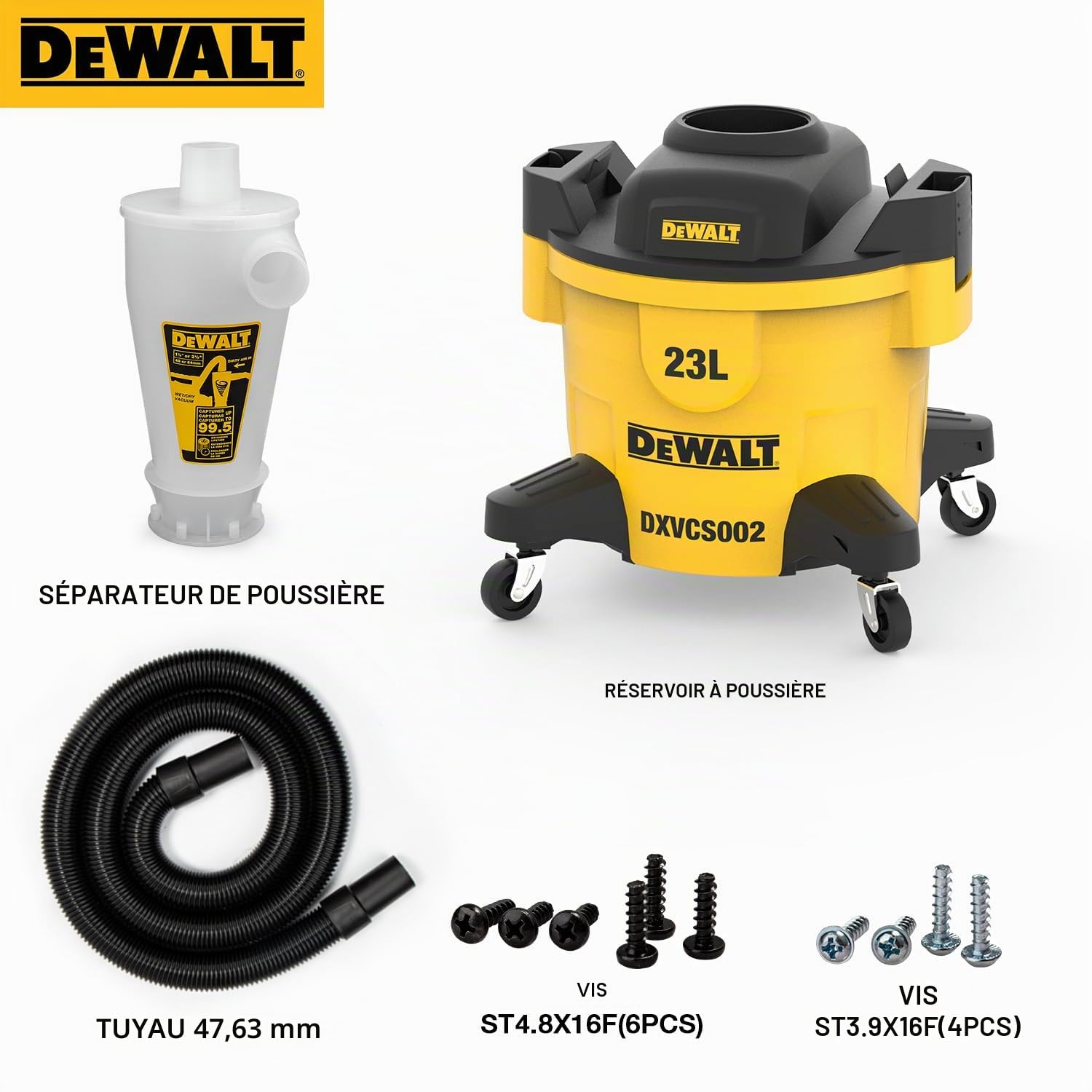 DEWALT Elément Séparateur Cyclone Filtre Dépoussiéreur Cyclonique pour Aspirateur à Poudre avec Réservoir à Poussière de 23 L, DXVCS002
