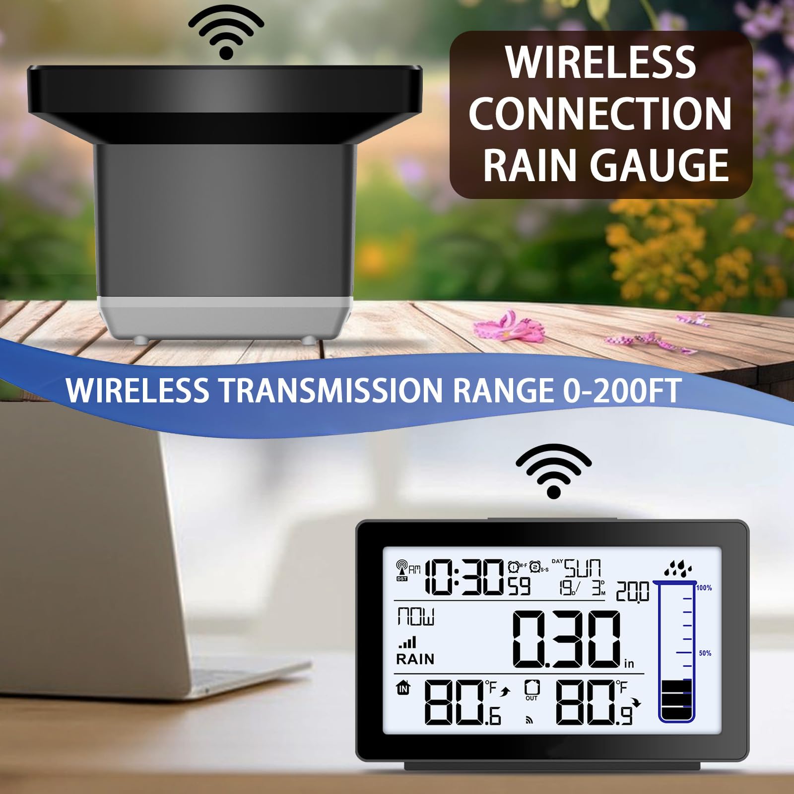 BIUWING Wireless Rain Gauge Outdoor, Self-Emptying Digital Rain Gauges Outdoors Best Rated, Electronic Rain Measure Gauge, Freeze Proof Rain Gauge with Thermometer, Remote Rain Meter for Garden