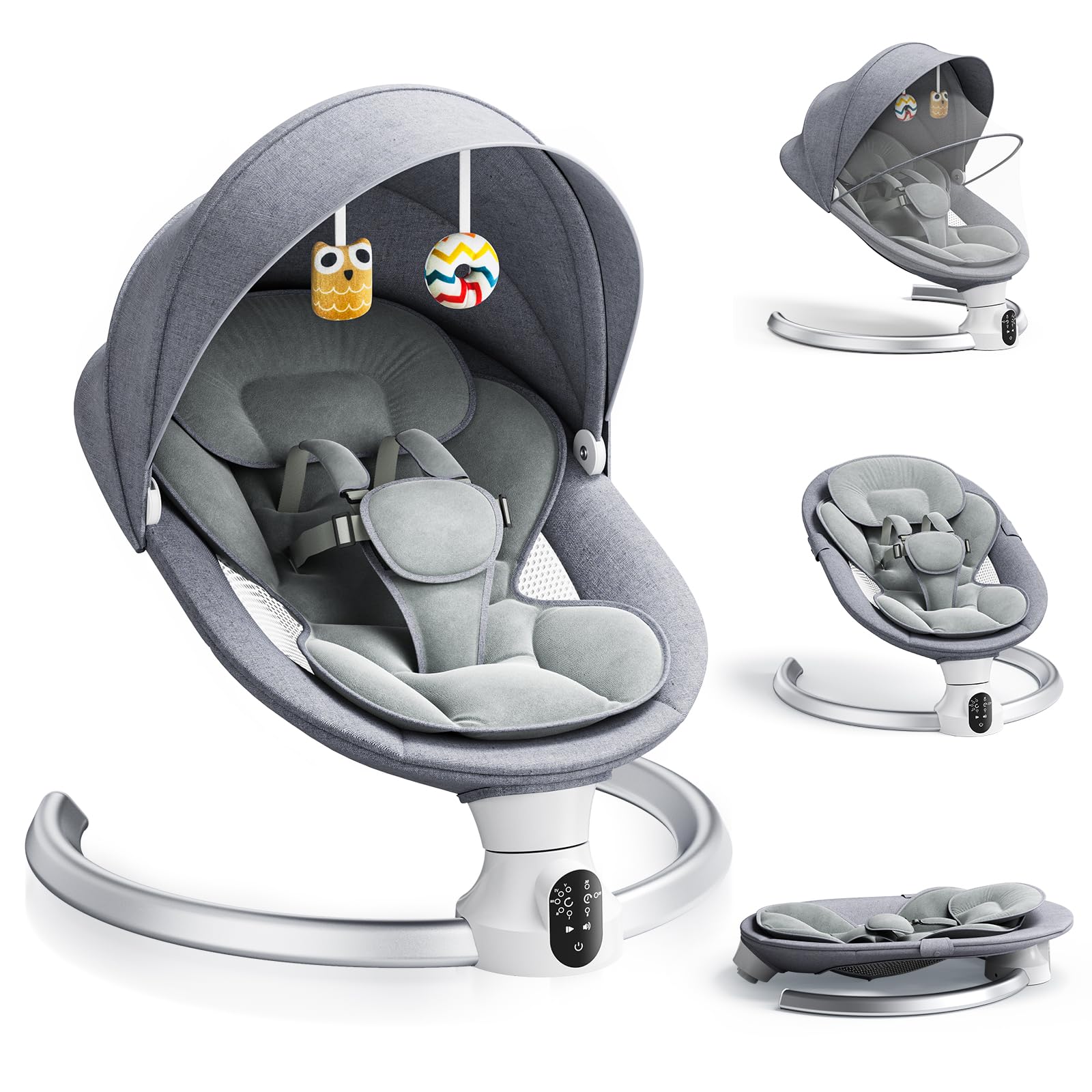 Baby Swing, Electric Infant Swing with APP & Remote Control, 3 Timers & 5 Speed Adjustable, 5-Point Safety Harness, Cushion Machine Washable, Bluetooth Music, Portable Baby Bouncer (Light Gray)