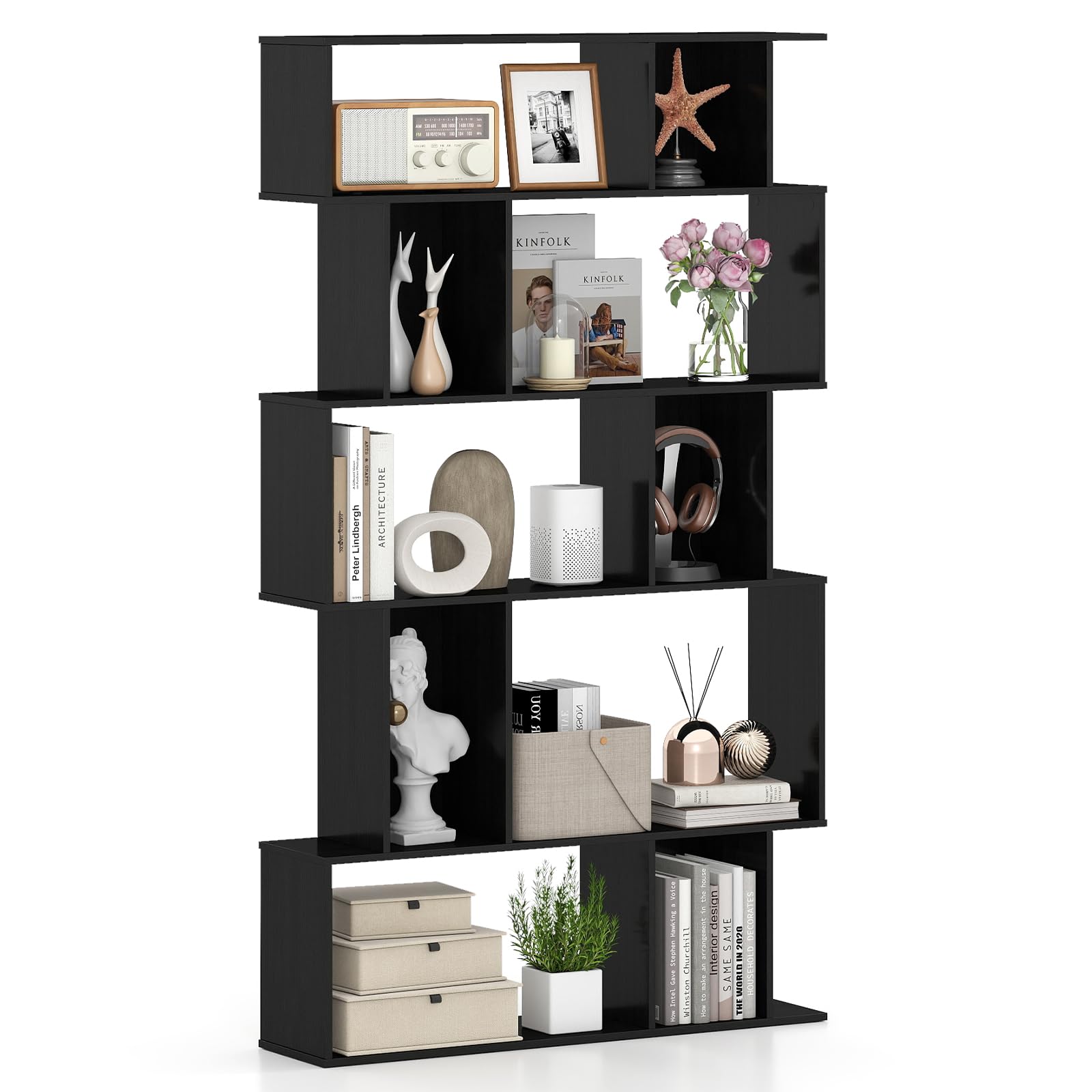 COSTWAY S-Shaped Wooden Bookcase, 5/6 Tiers Freestanding Storage Shelf, Home Office Industrial Decorative Bookshelf Display Stand Rack (Black, 90 x 22 x 158cm)