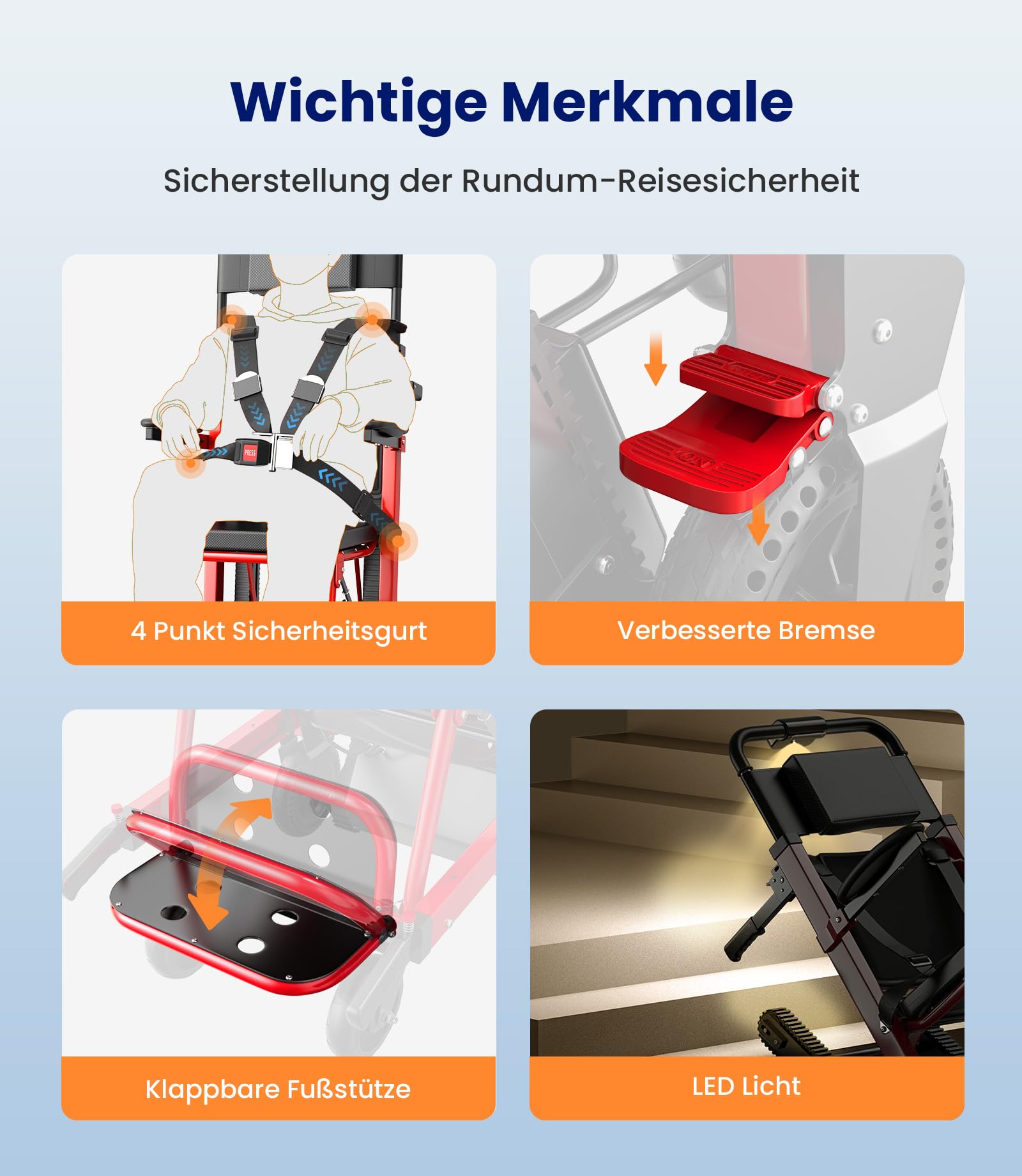 VOCIC AY04 Elektrischer Treppensteiger Rollstuhl bis 220KG mit Gummikette | Elektrische Treppenhilfe Rollstühle Faltbar, Treppenlift Medizinische Rettungstrage mit LED Licht für Senioren, Rot