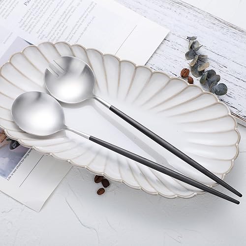 Miniatura 3 de Zerophilo Juego de servidores de ensalada, cuchara y tenedor de 11.41 pulgadas, acero inoxidable 1810, chapado en titanio (negro plateado)