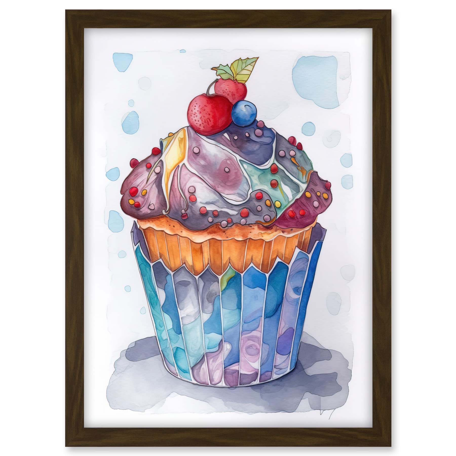Artery8 Cupcake Icing With Fruit Folk Art Watercolour Painting Artwork Framed A3 Wall Art Print