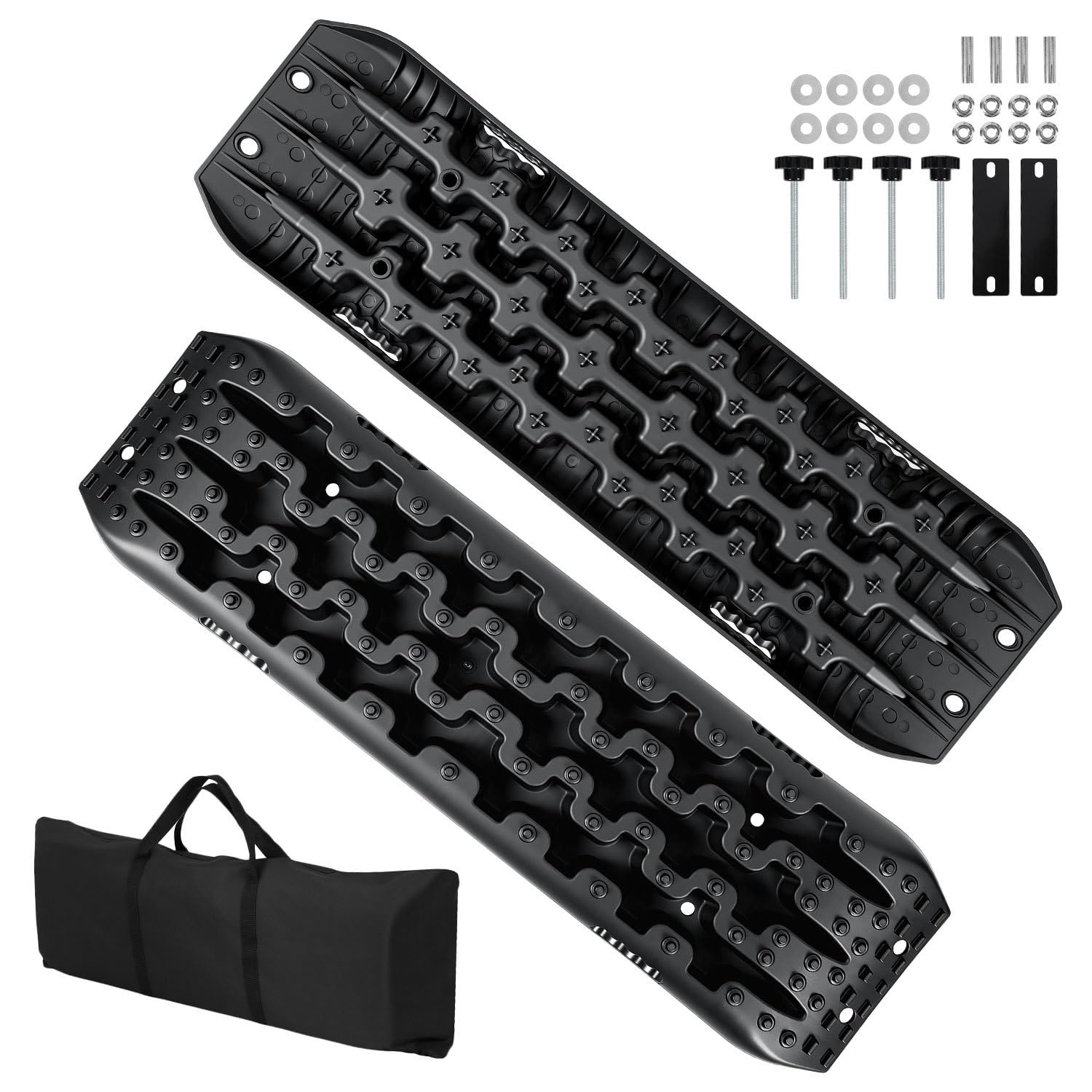 Fiqops 2x Anfahrhilfe mit Aufbewahrungstasche und Installationstool, Traktionsmatte Kunstoff Recovery Board Tracks,Reifenleiter für Sand/Schlamm/Schnee,10T Last für Geländewagen Wohnmobil PKW LKW