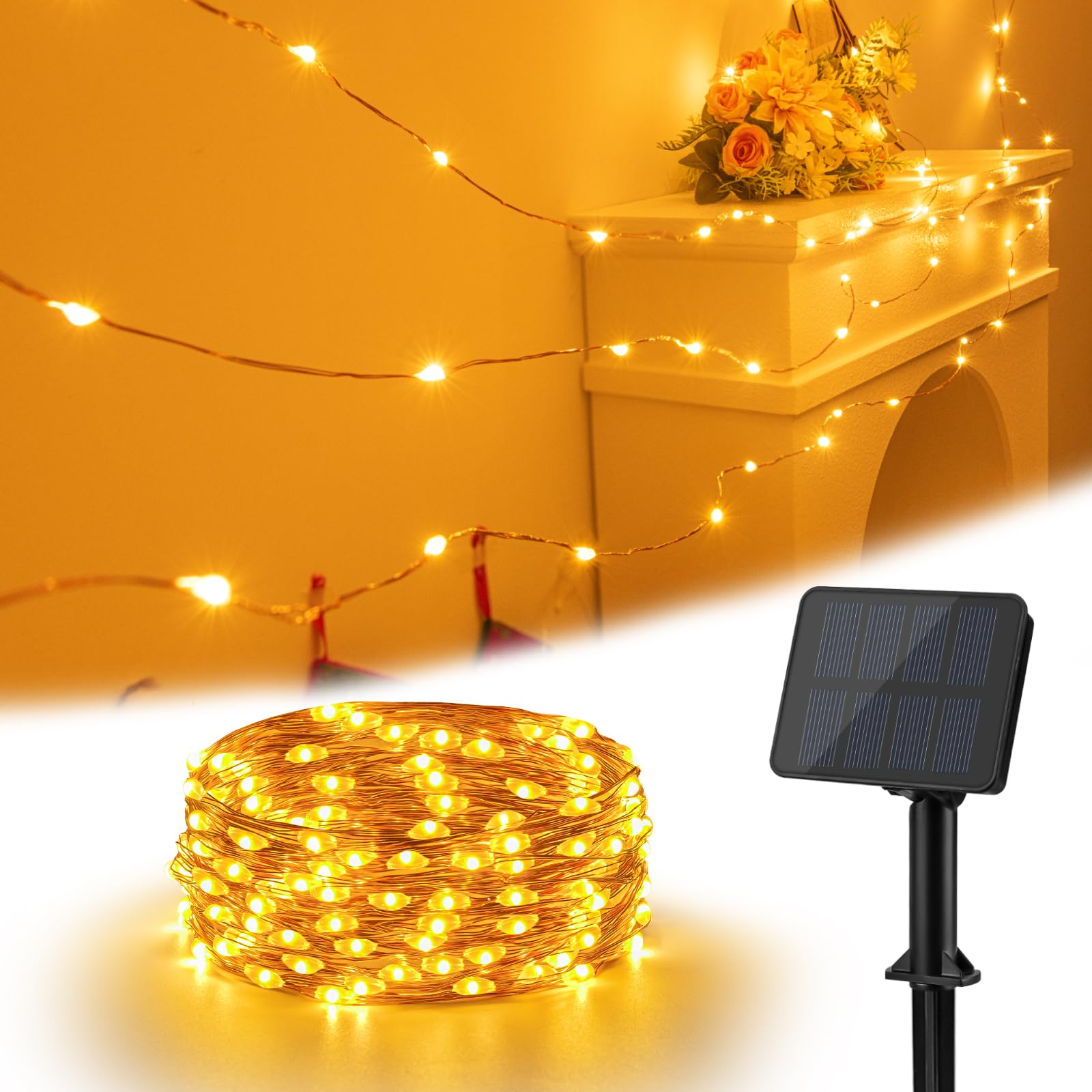 Isisyu Solar Lichterkette Aussen, 6M 60 LED Solarlichterkette Außen Wetterfest 8 Modi Kupferdraht Warmweiß Lichterkette Außen Solar Outdoor für Garten, Bäume, Terrasse, Balkon, Hochzeit, Partys