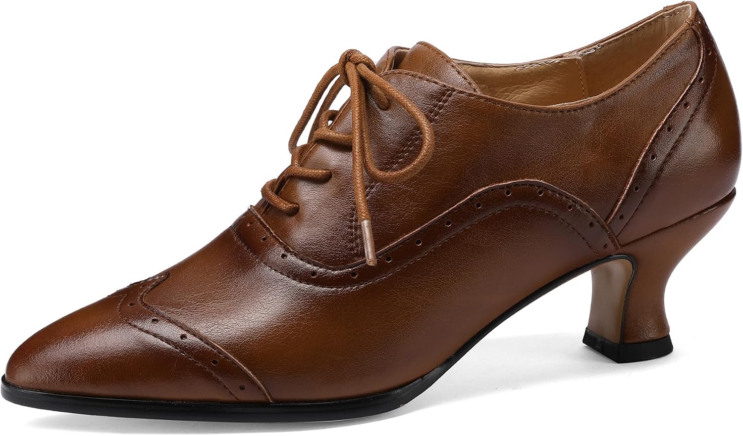 Women's Real Leather Wingtip Oxfords with 2-Inch Low Heel, Adjustable Lace-Up, Pointed Toe Shoes for Work and Walking
