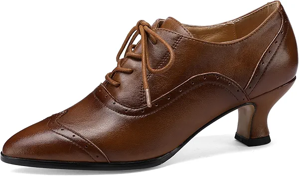 Women's Real Leather Wingtip Oxfords with 2-Inch Low Heel, Adjustable Lace-Up, Pointed Toe Shoes for Work and Walking