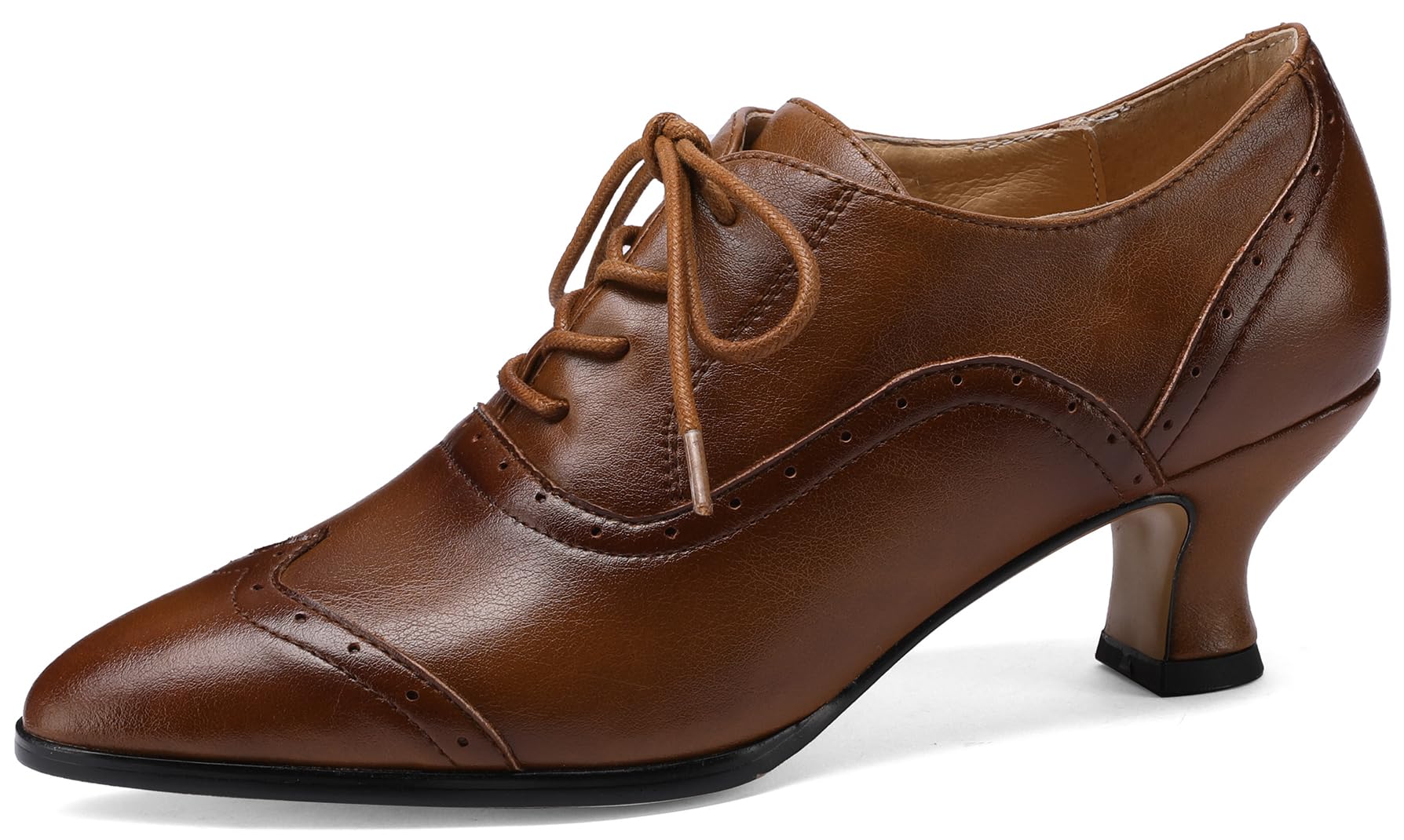 Women's Real Leather Wingtip Oxfords with 2-Inch Low Heel, Adjustable Lace-Up, Pointed Toe Shoes for Work and Walking-image-28