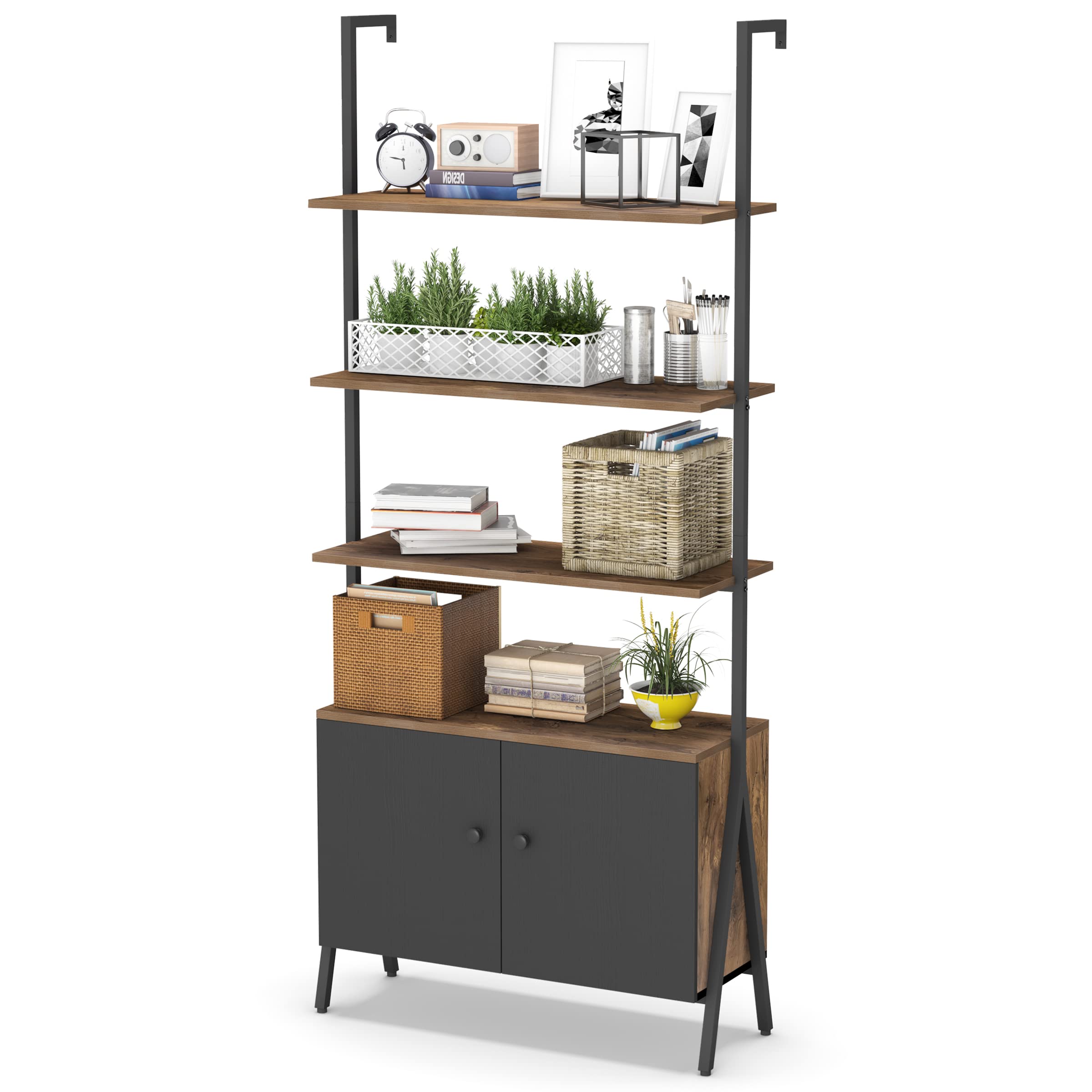 Usinso Wood Metal Ladder Bookshelf, Industrial 4Tier Black Bookcase