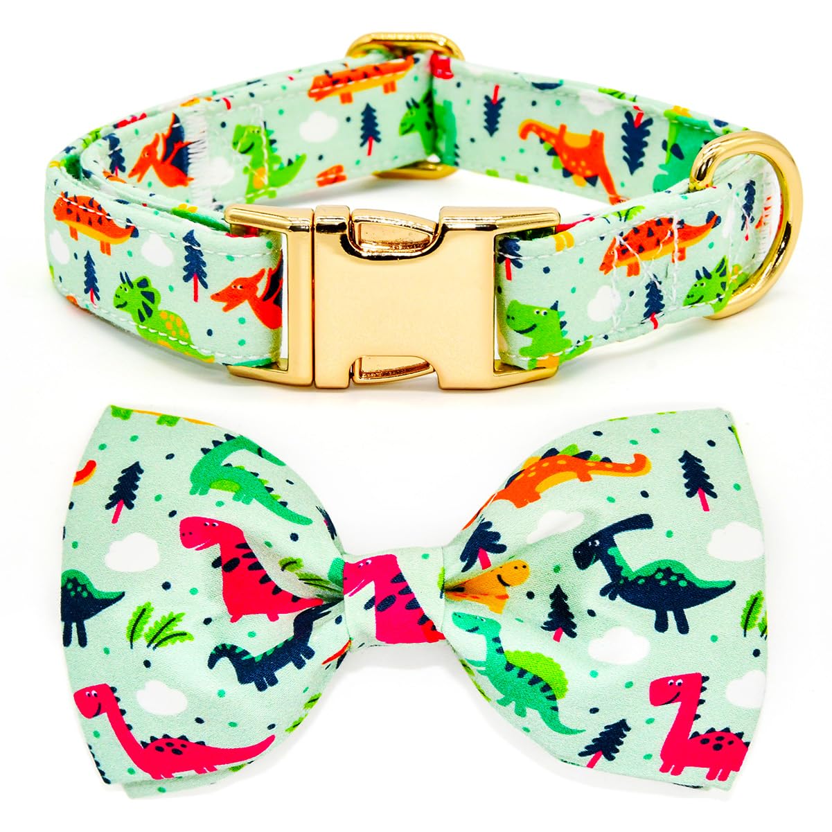 Dog Collars with Bow Tie, Cute Cartoon Dinosaur Bowtie Accessory for Dogs, Gold Metal Accessories Collars for Small Medium Large Dogs, M (12"-20")
