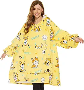 THREE POODLE Wearable Blanket Hoodie for Women, Oversized Sherpa Sweatshirt Blanket for Adults Men, Cozy Corgi Hooded Blankets, Gifts for Teen Girls Women Mom Sister