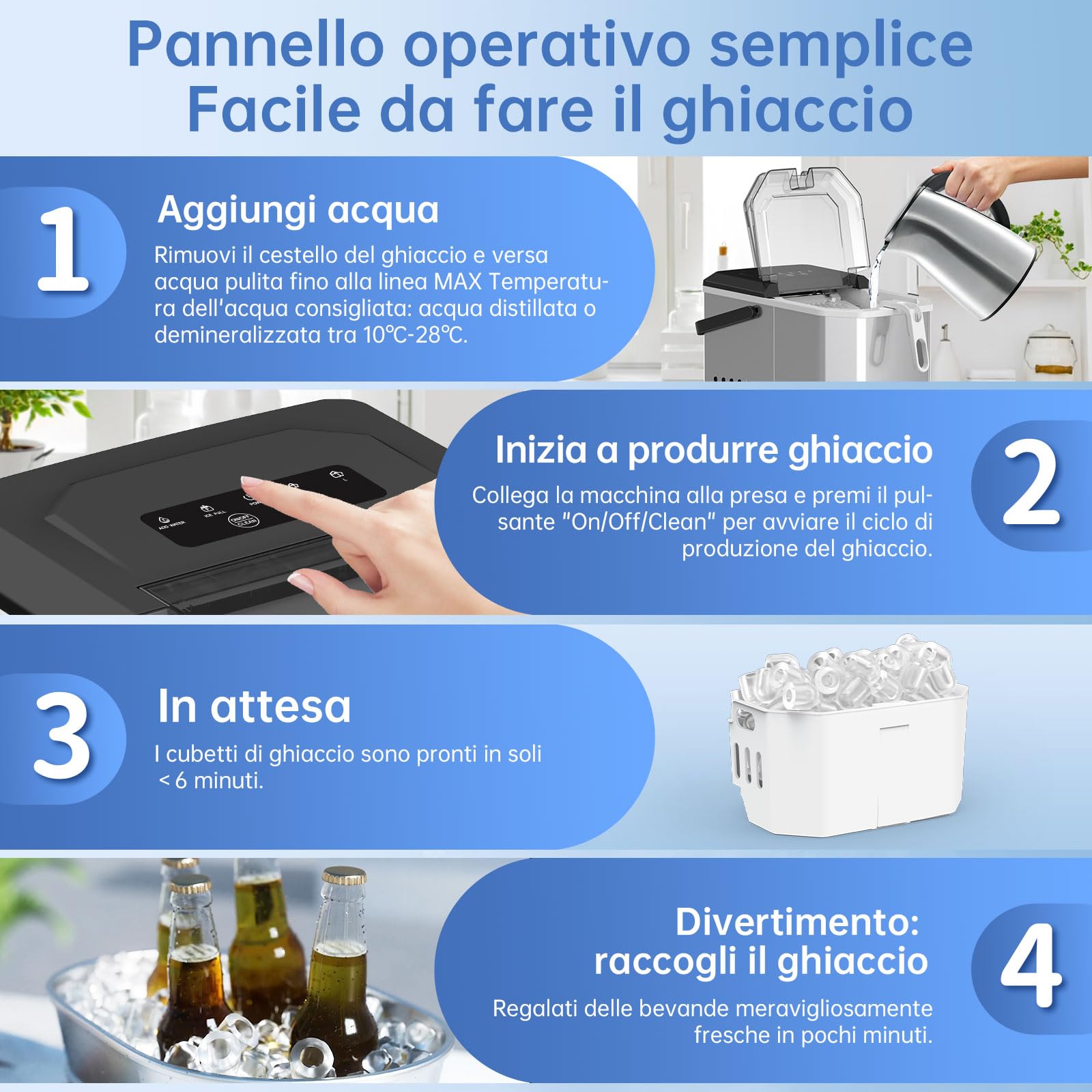 WIE Macchina Ghiaccio, 1.5L Macchina del Ghiaccio, 9 Cubetti di Ghiaccio in 6 Minuti, con Maniglia/Cestello/Pala/Silenzioso, Acciaio Inossidabile