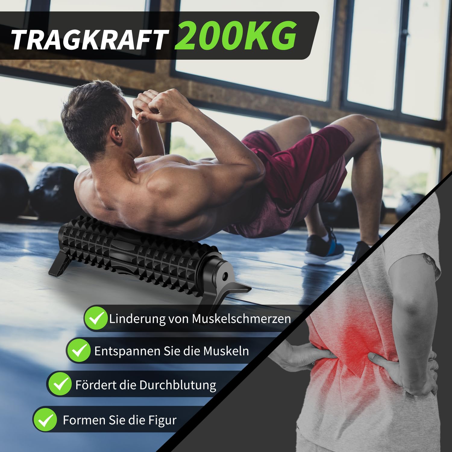 Rodillo Masaje Muscular, Eva Foam Roller con Soporte, Fitness Rodillo de Espuma para Yoga, Pilates y Alivio de Tensiones, Masaje de Espalda, Piernas, Aliviar el Dolor, Entrenar los Músculos (Negro)