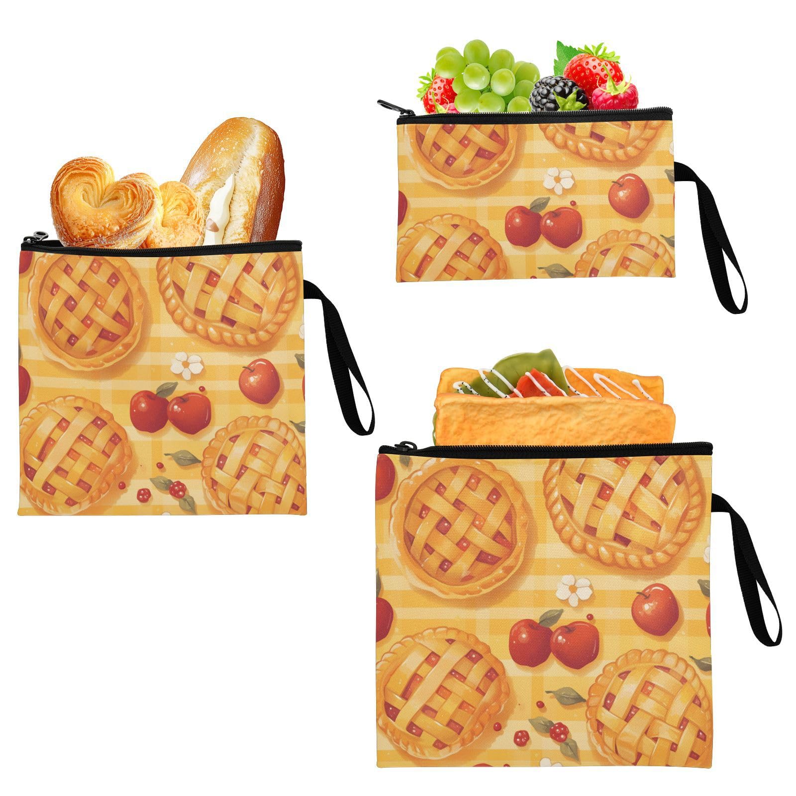 Pie Yummy Cartoon Yelllow 3 pack Reusable kids snack bags Portable Food Storage for Camp Friends and Gear